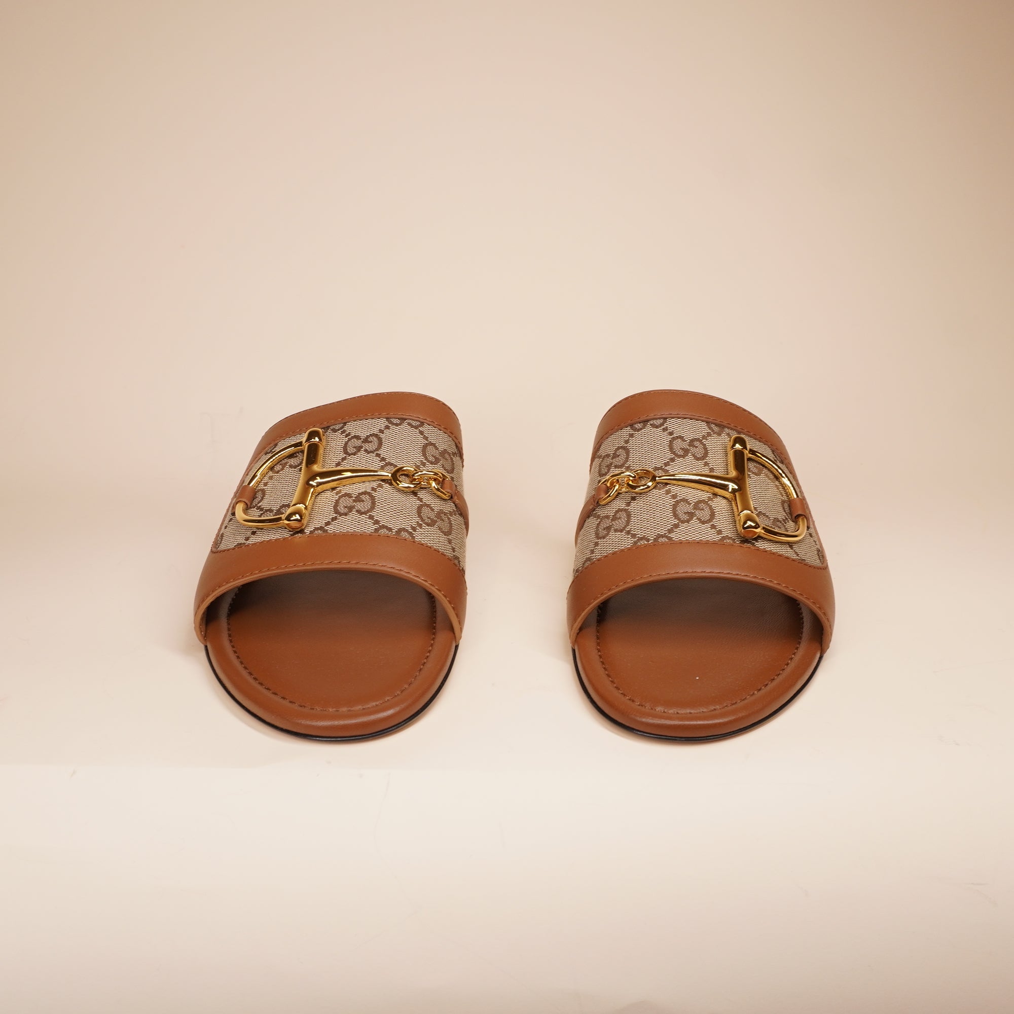 PRE-OWNED GG Horsebit canvas-trimmed leather slide sandals