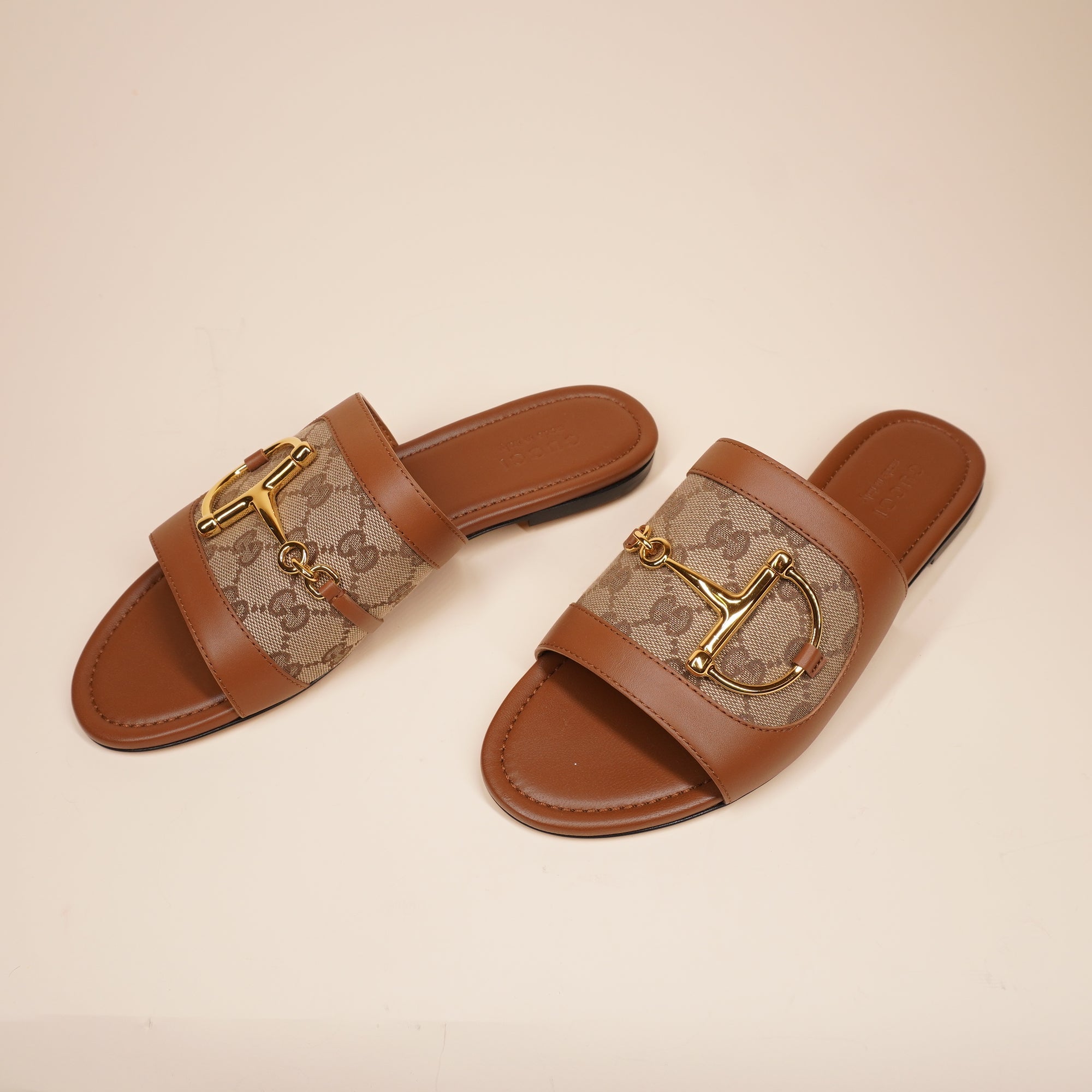 PRE-OWNED GG Horsebit canvas-trimmed leather slide sandals