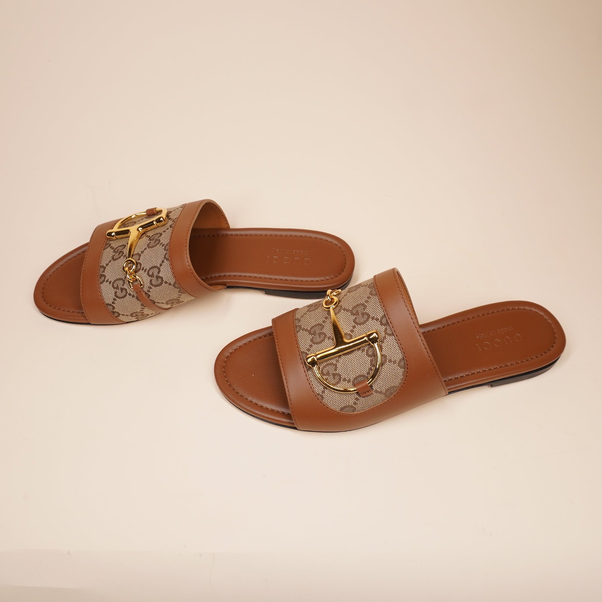 PRE-OWNED GG Horsebit canvas-trimmed leather slide sandals