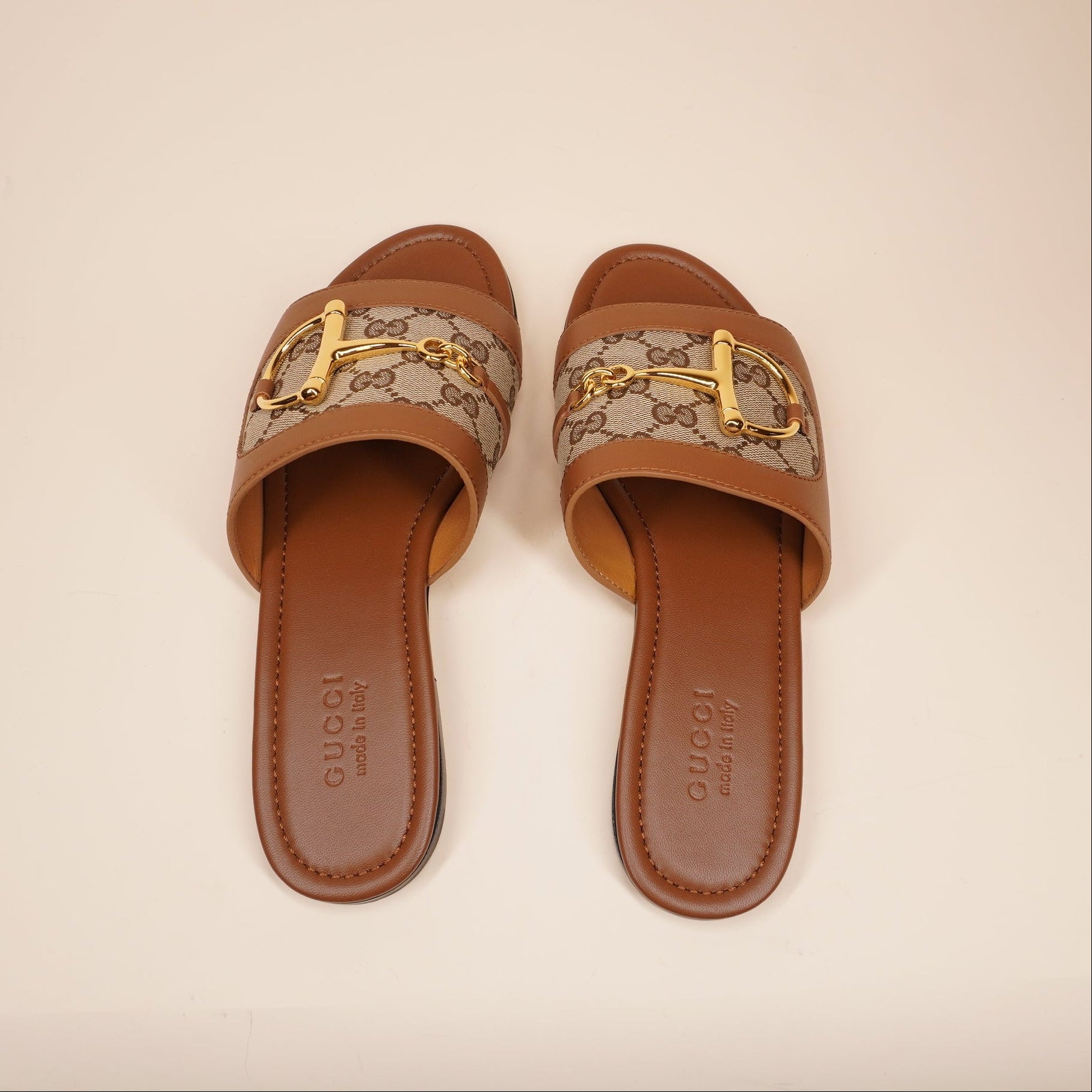 PRE-OWNED GG Horsebit canvas-trimmed leather slide sandals