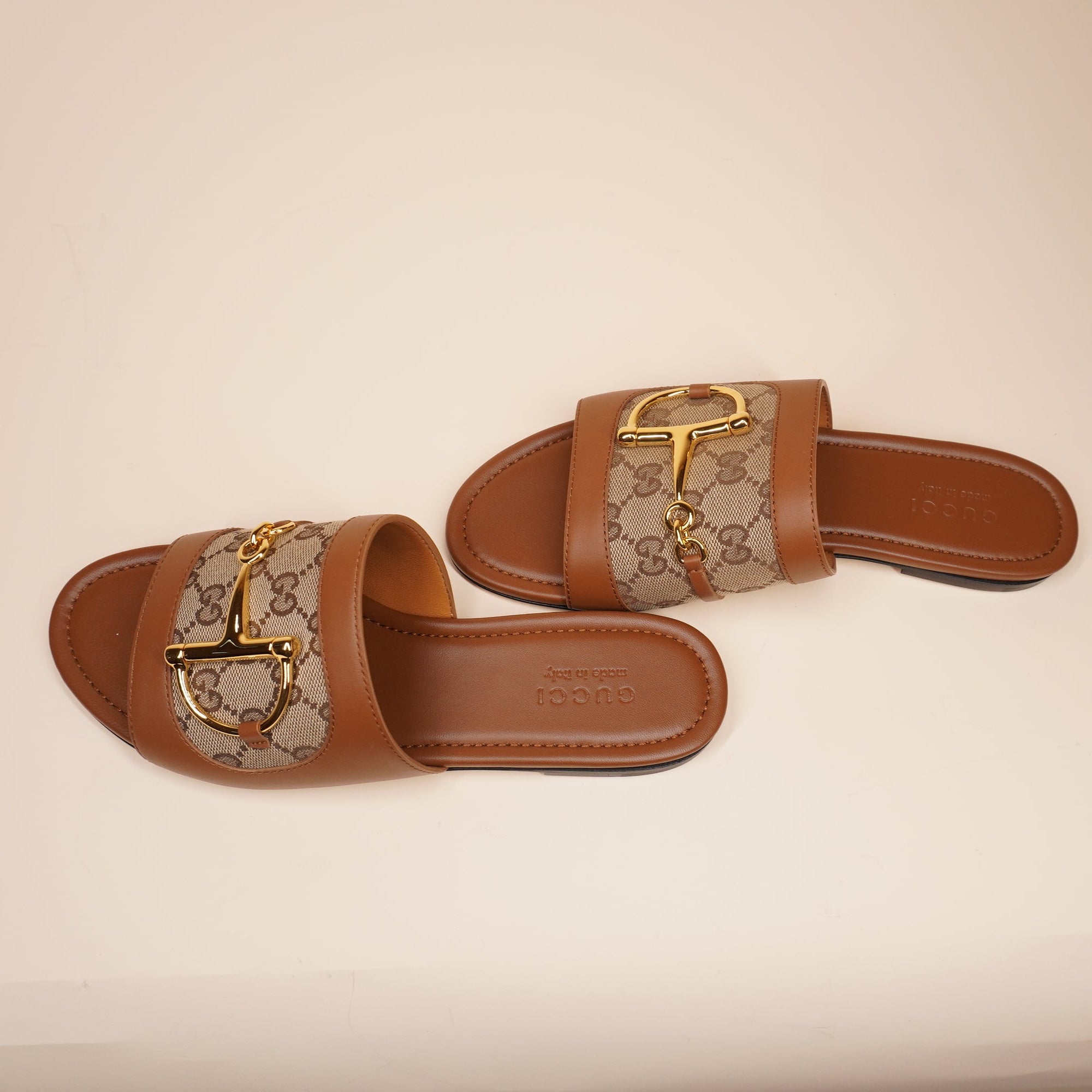 PRE-OWNED GG Horsebit canvas-trimmed leather slide sandals