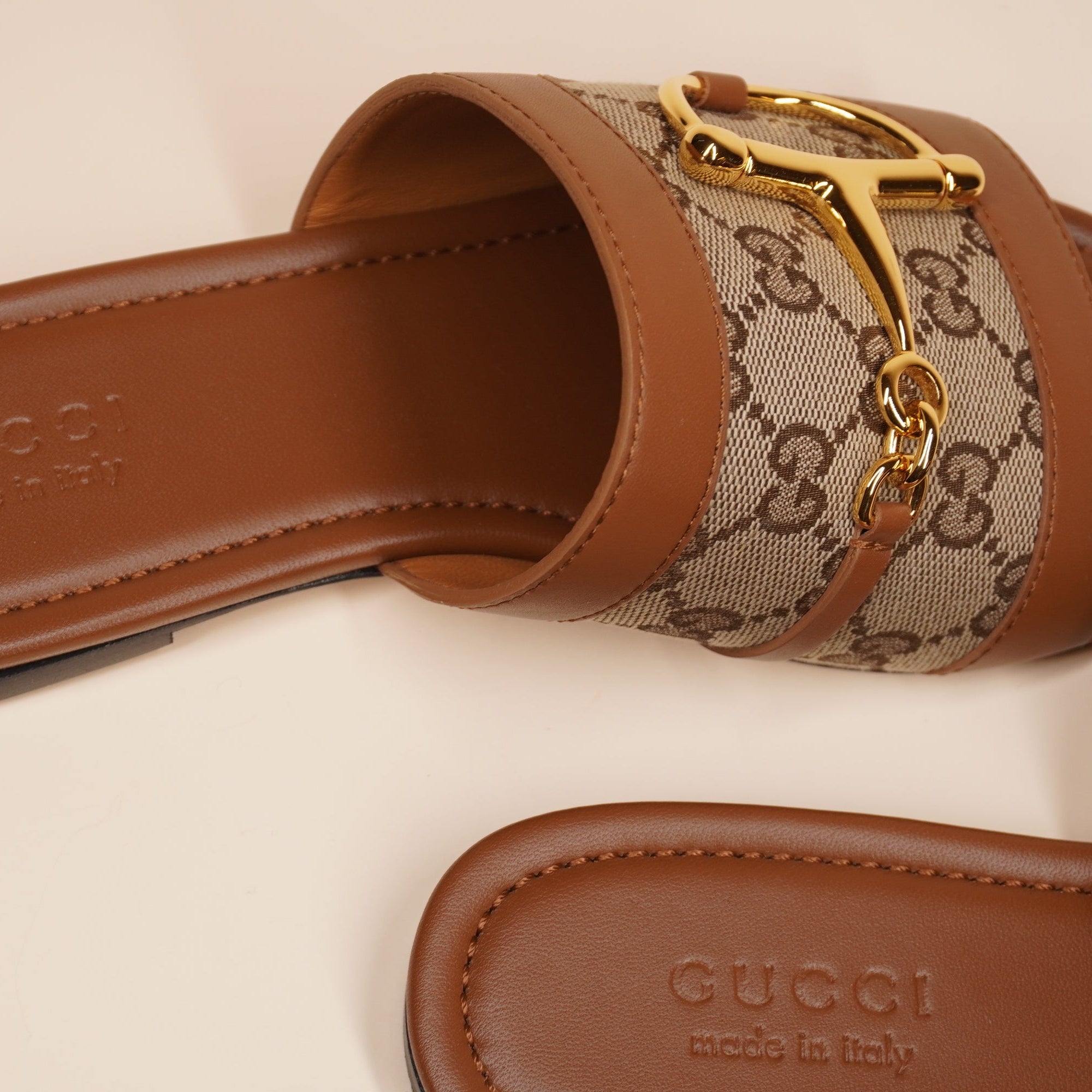 PRE-OWNED GG Horsebit canvas-trimmed leather slide sandals