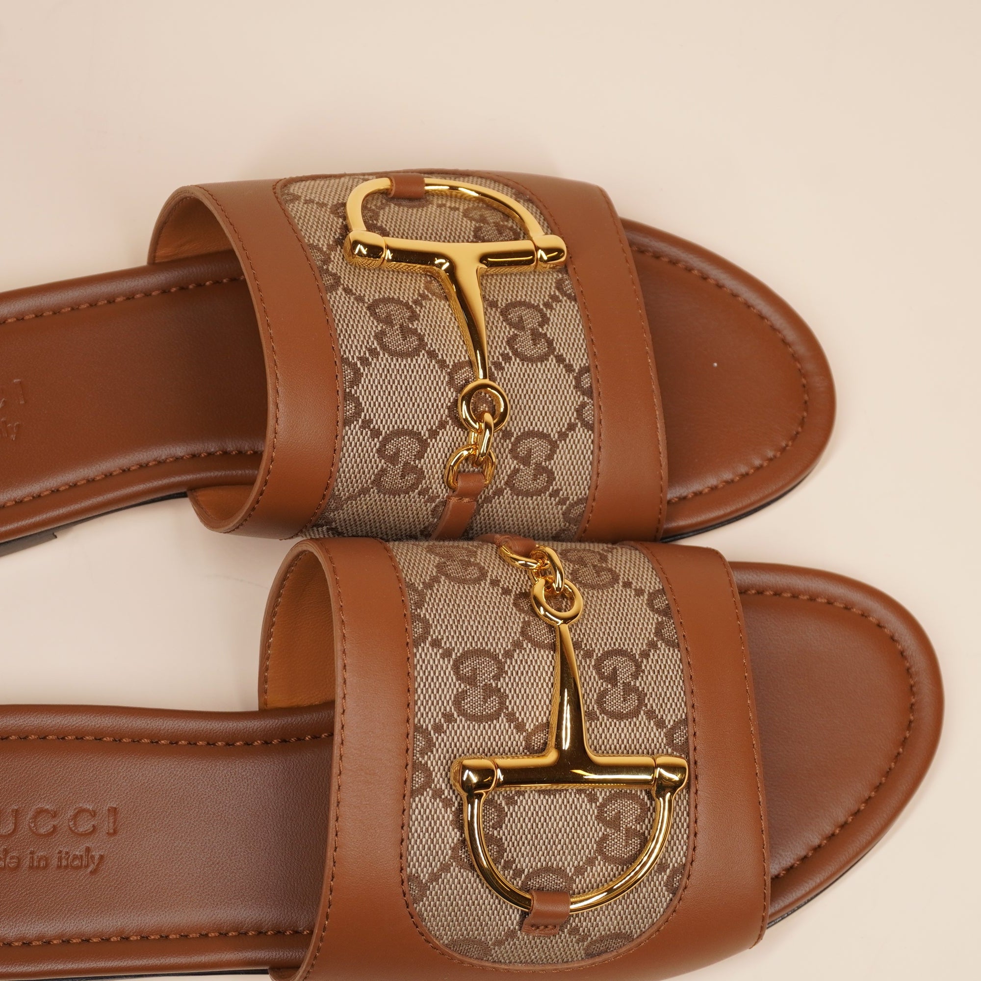 PRE-OWNED GG Horsebit canvas-trimmed leather slide sandals