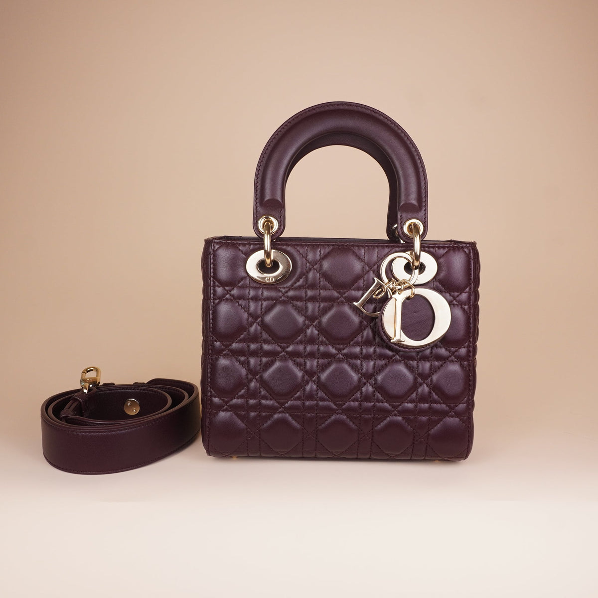 PRE-OWNED Lady Dior Medium Cannage Lambskin Burgundy Top Handle Bag