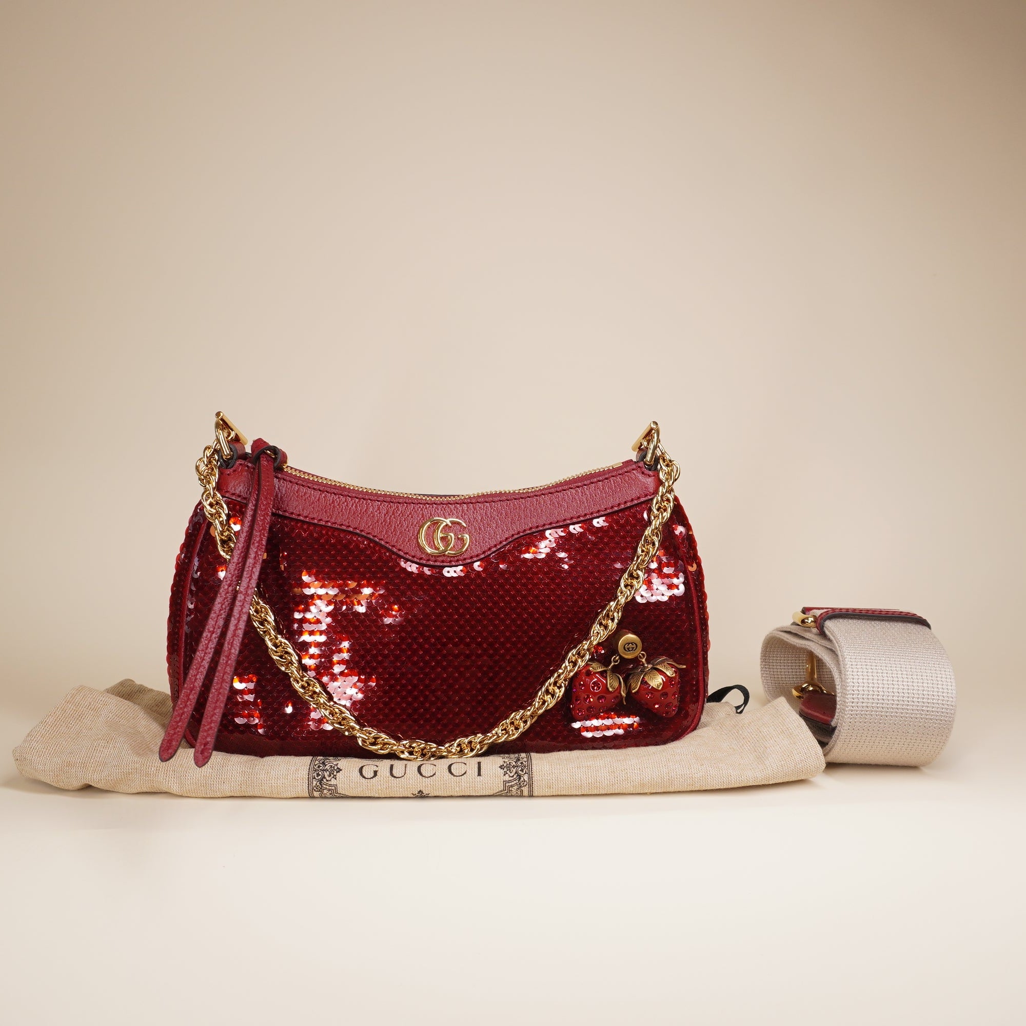PRE-OWNED GG Red Sequin Strawberry Ophidia Shoulder Bag
