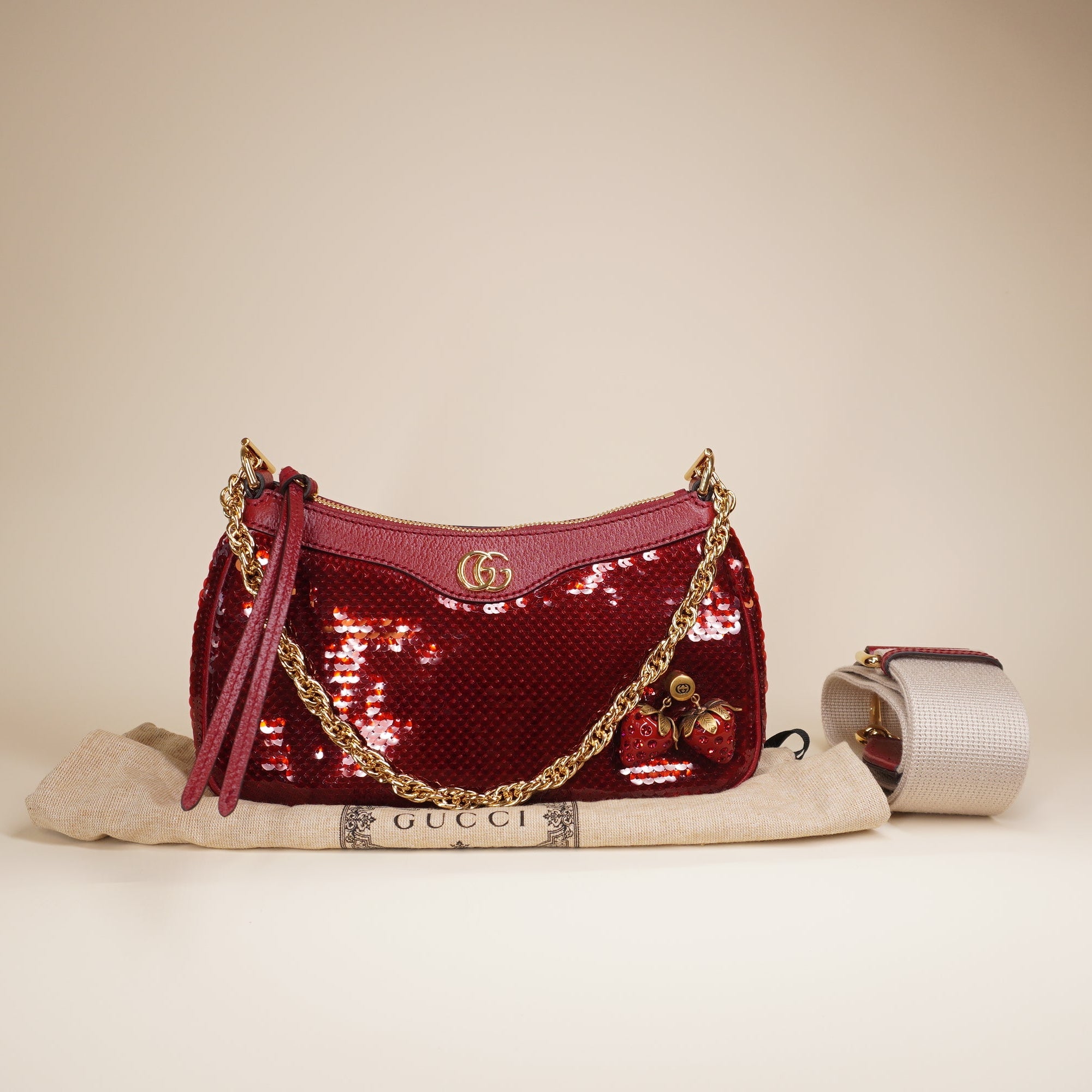 PRE-OWNED GG Red Sequin Strawberry Ophidia Shoulder Bag