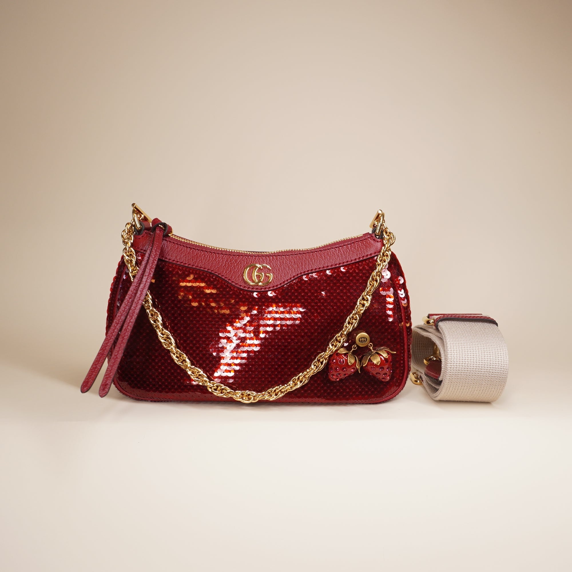 PRE-OWNED GG Red Sequin Strawberry Ophidia Shoulder Bag
