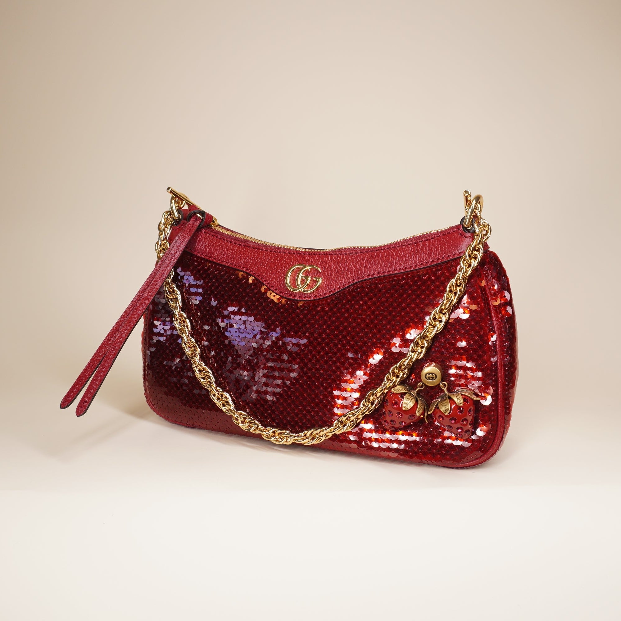 PRE-OWNED GG Red Sequin Strawberry Ophidia Shoulder Bag