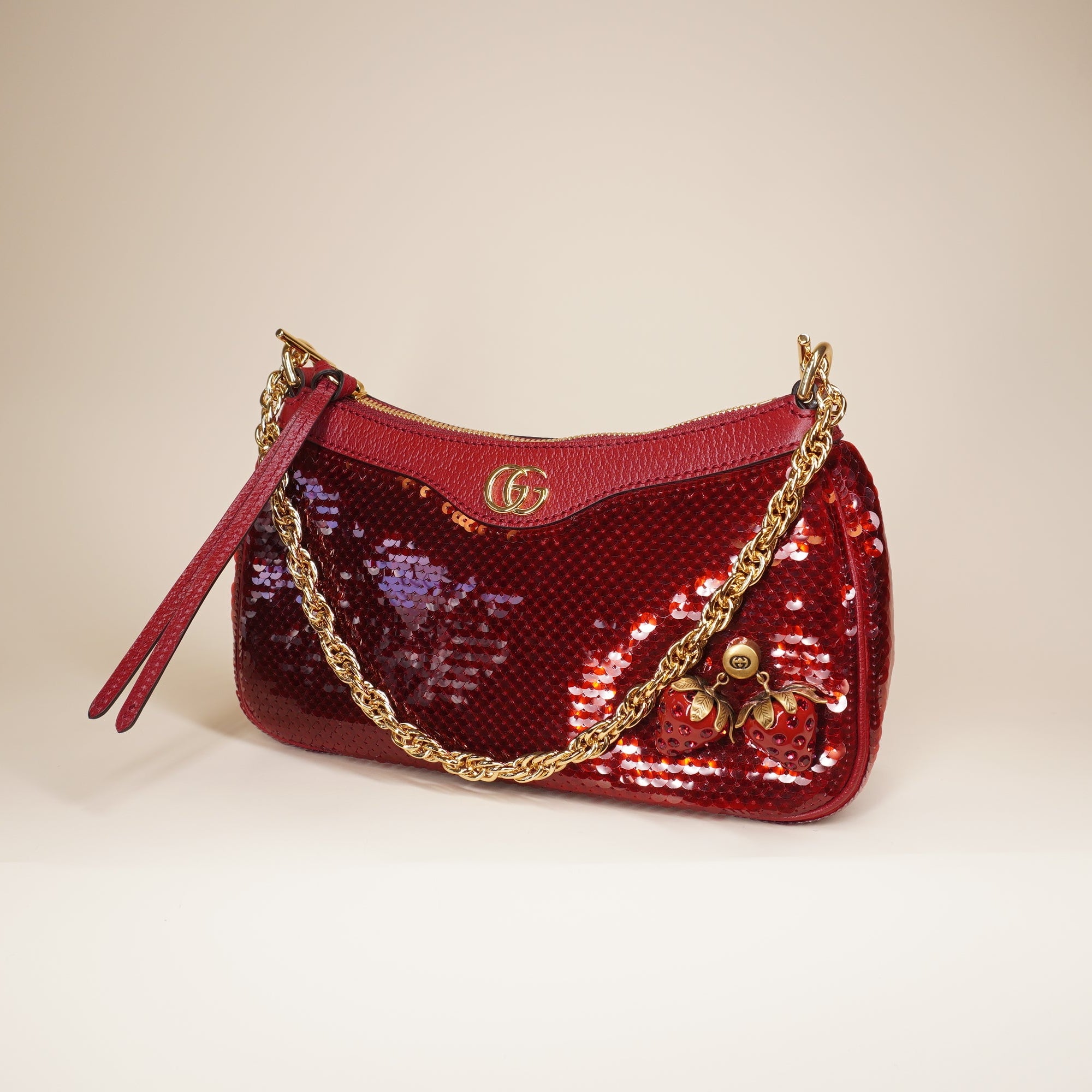 PRE-OWNED GG Red Sequin Strawberry Ophidia Shoulder Bag