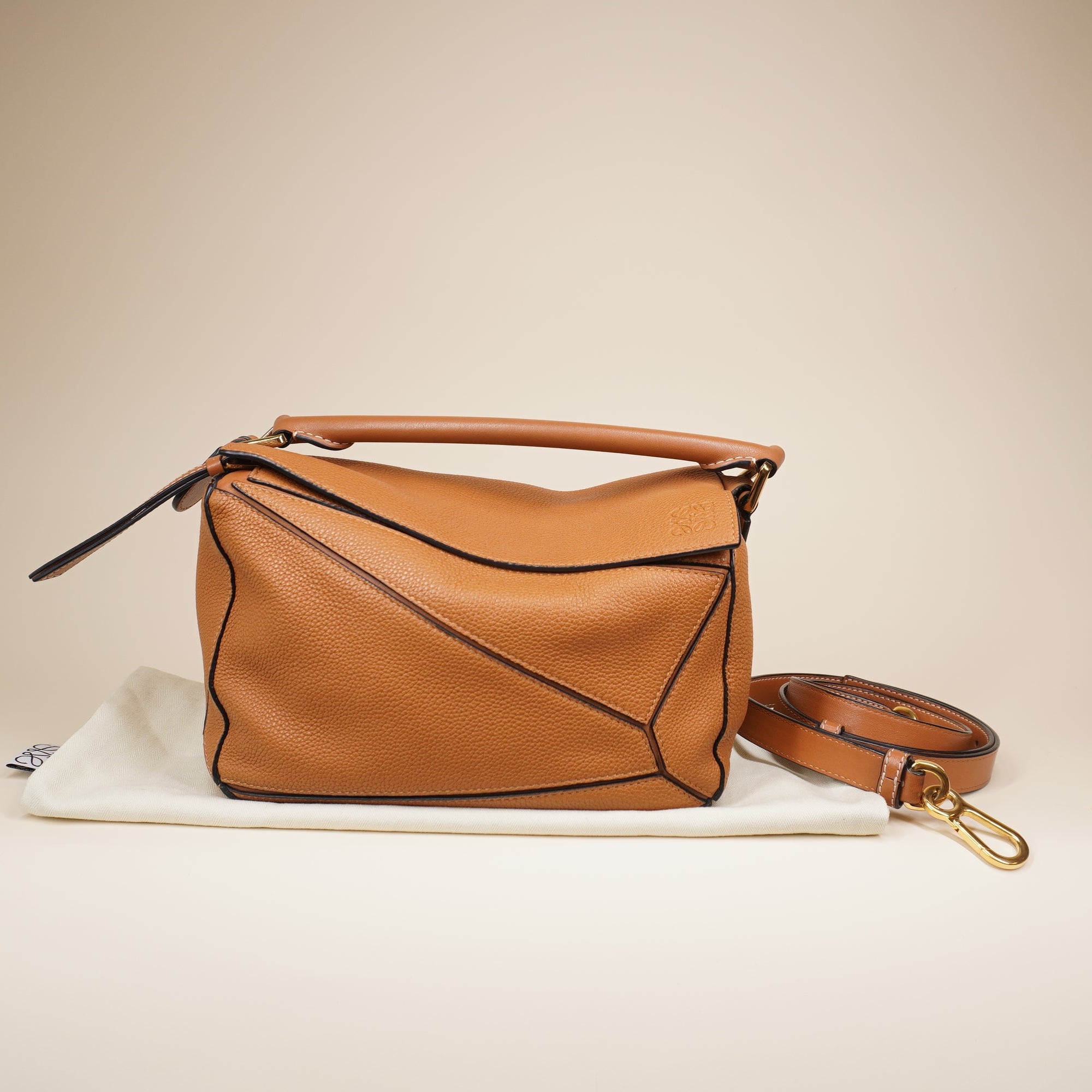 PRE-OWNED Brown Tan Calfskin Medium Puzzle Shoulder Bag