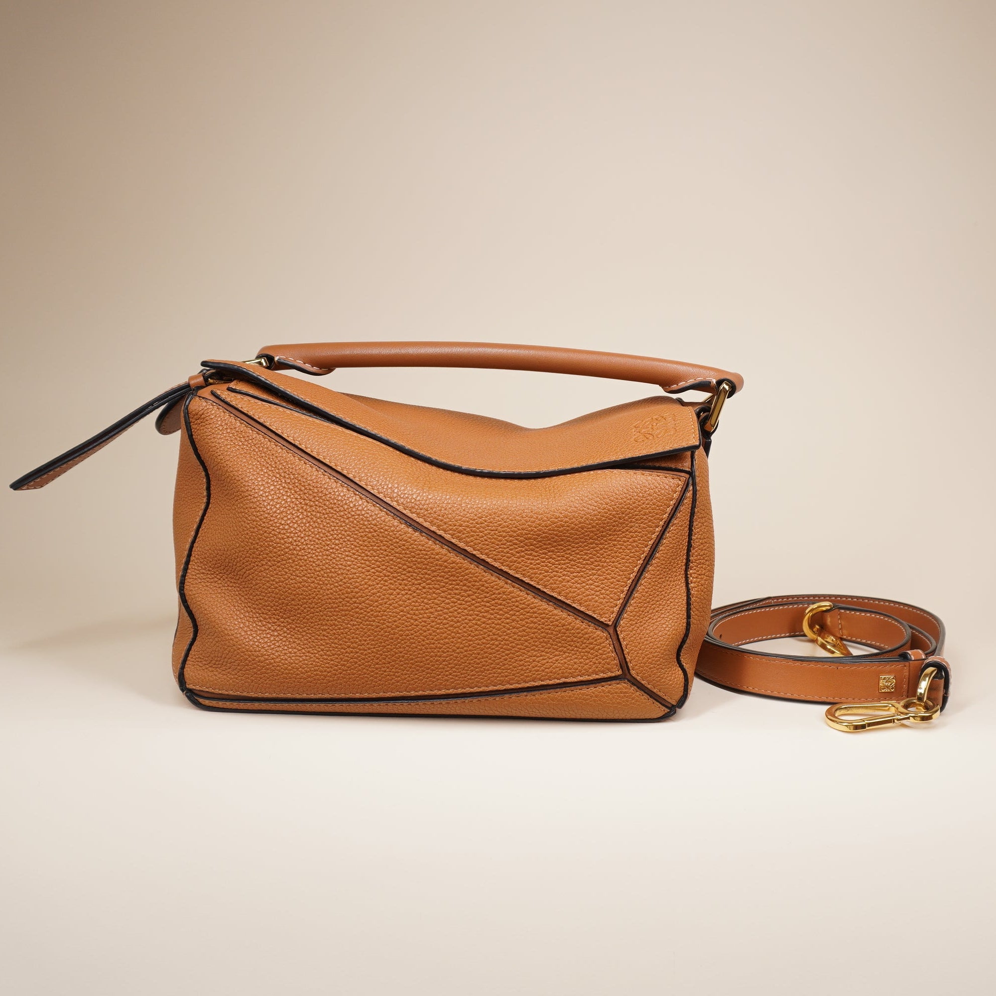 PRE-OWNED Brown Tan Calfskin Medium Puzzle Shoulder Bag