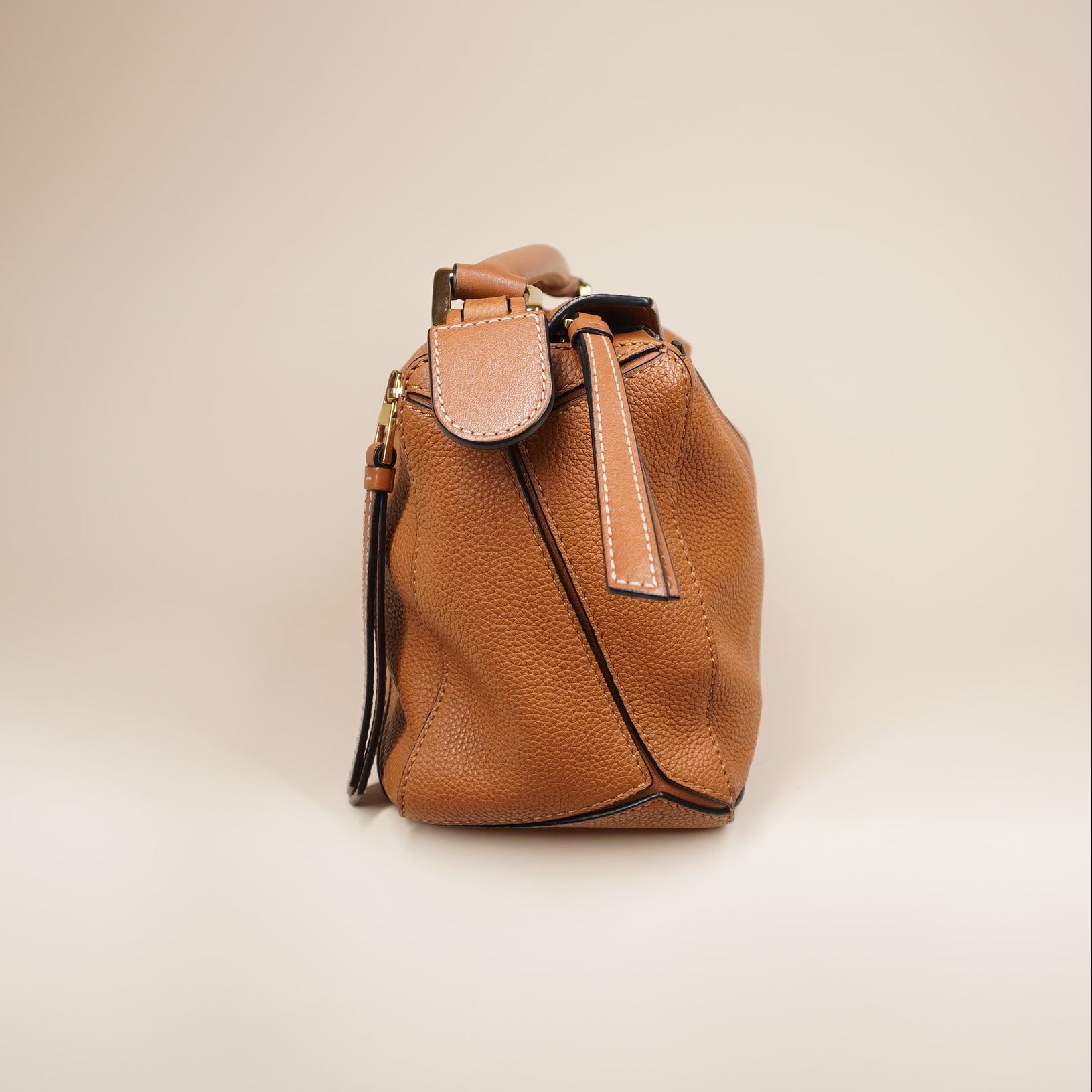 PRE-OWNED Brown Tan Calfskin Medium Puzzle Shoulder Bag