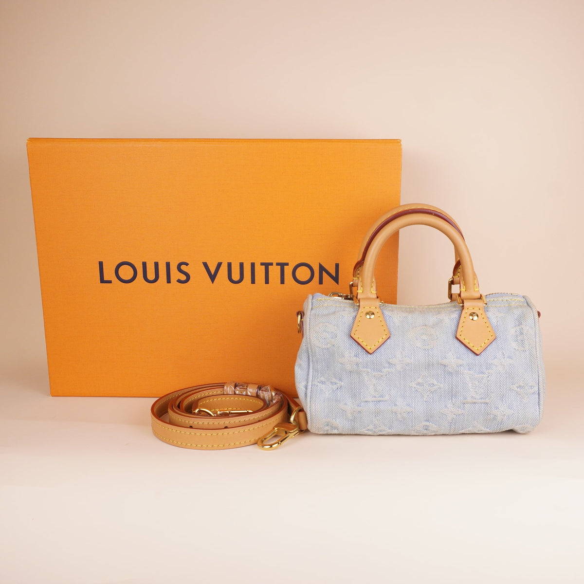 PRE-OWNED LV Nano Speedy Monogram Denim Bag
