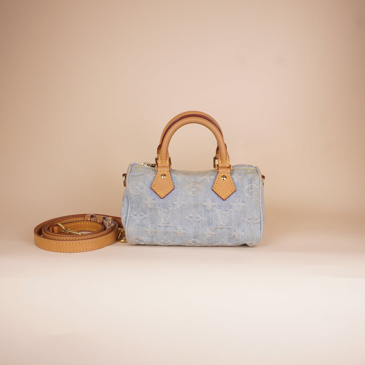 PRE-OWNED LV Nano Speedy Monogram Denim Bag