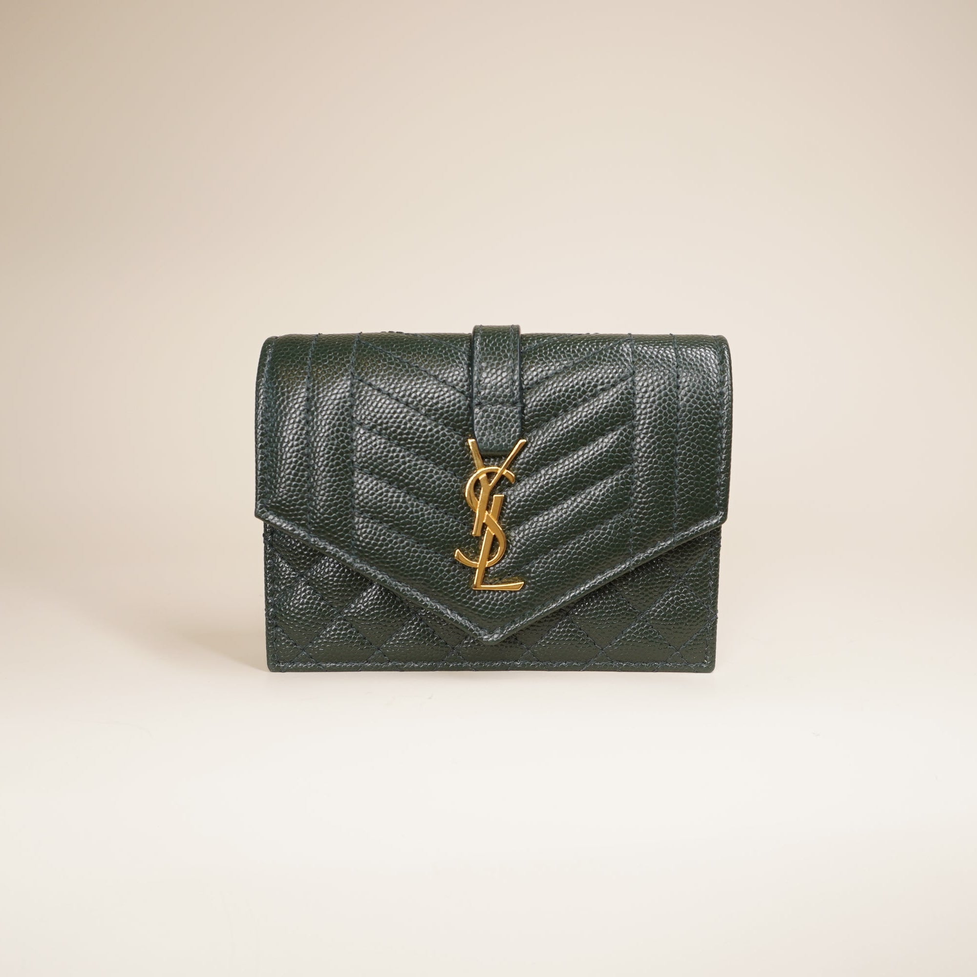 PRE-OWNED Green Textured Mixed Matelasse Triquilt Monogram Short Wallet