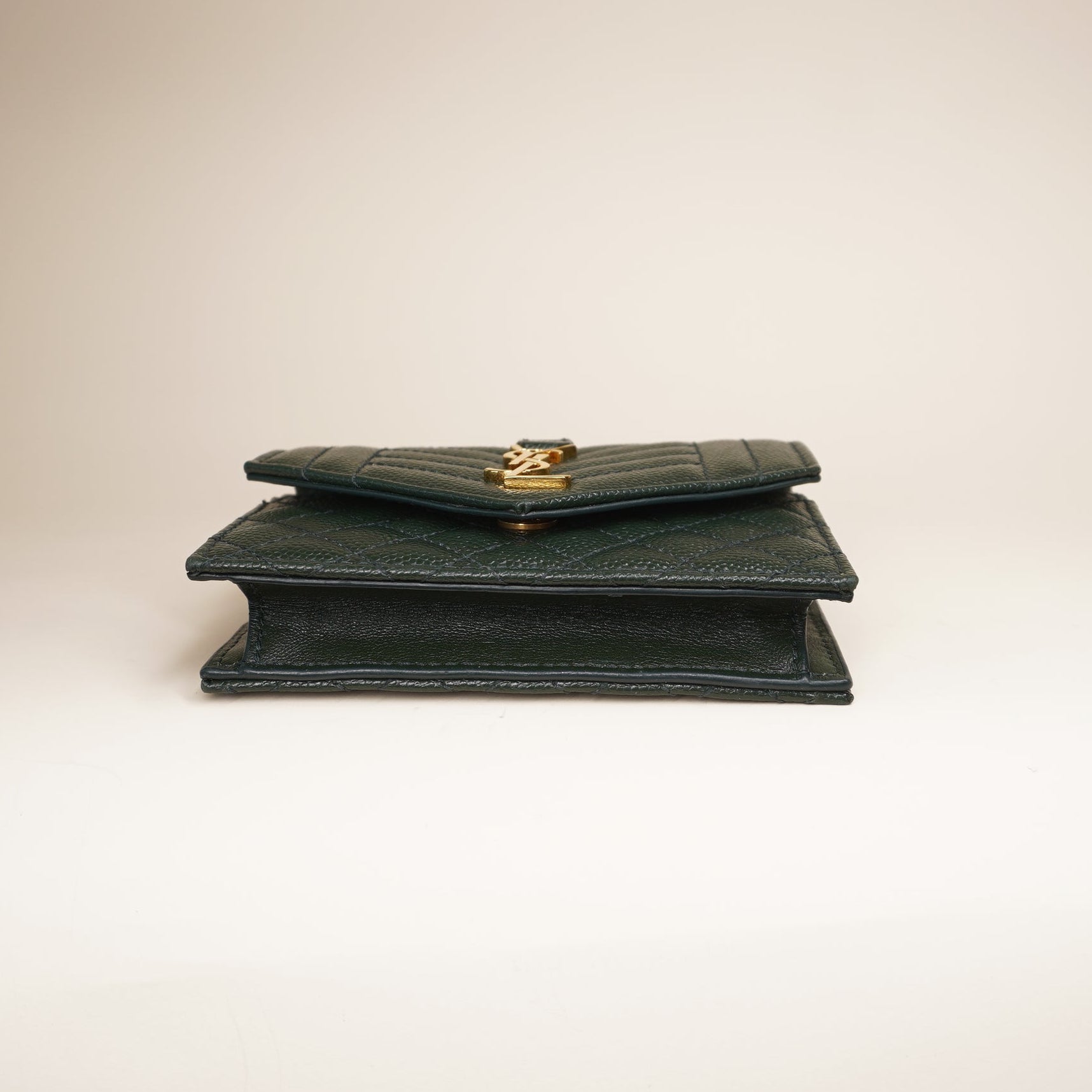 PRE-OWNED Green Textured Mixed Matelasse Triquilt Monogram Short Wallet