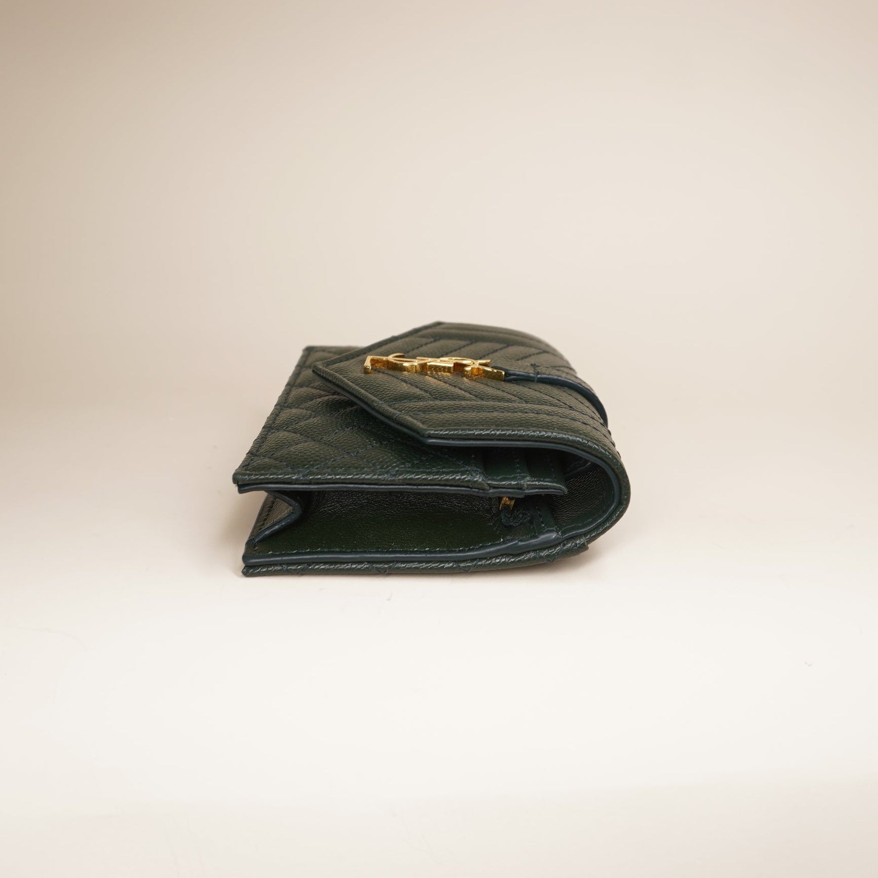 PRE-OWNED Green Textured Mixed Matelasse Triquilt Monogram Short Wallet