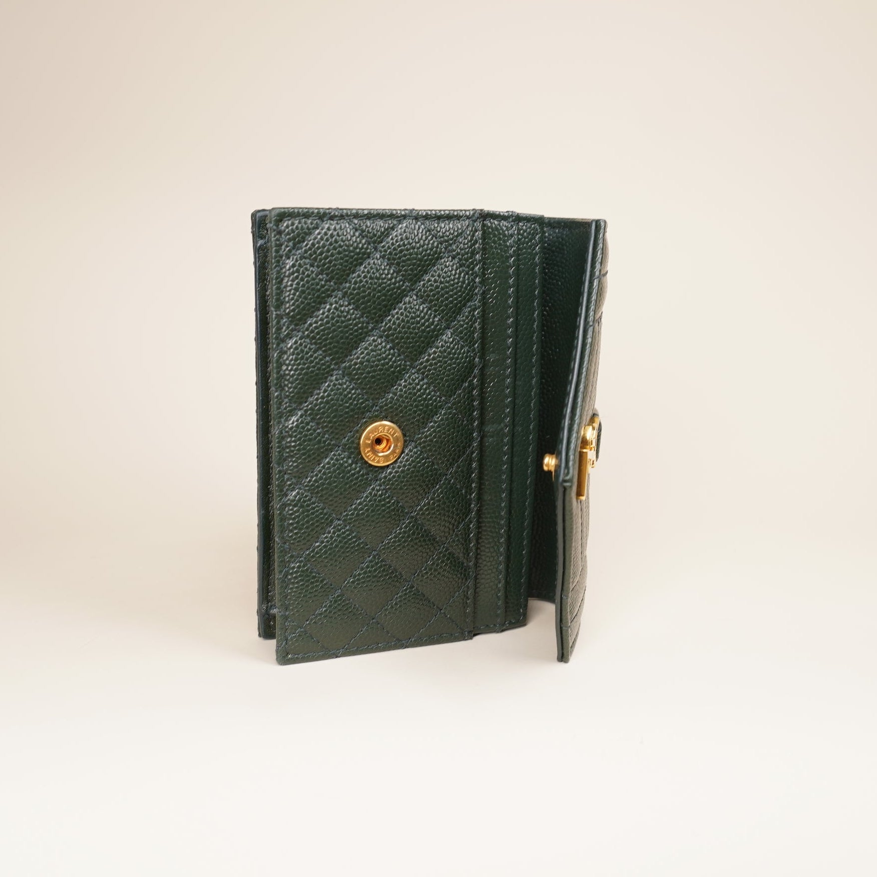 PRE-OWNED Green Textured Mixed Matelasse Triquilt Monogram Short Wallet