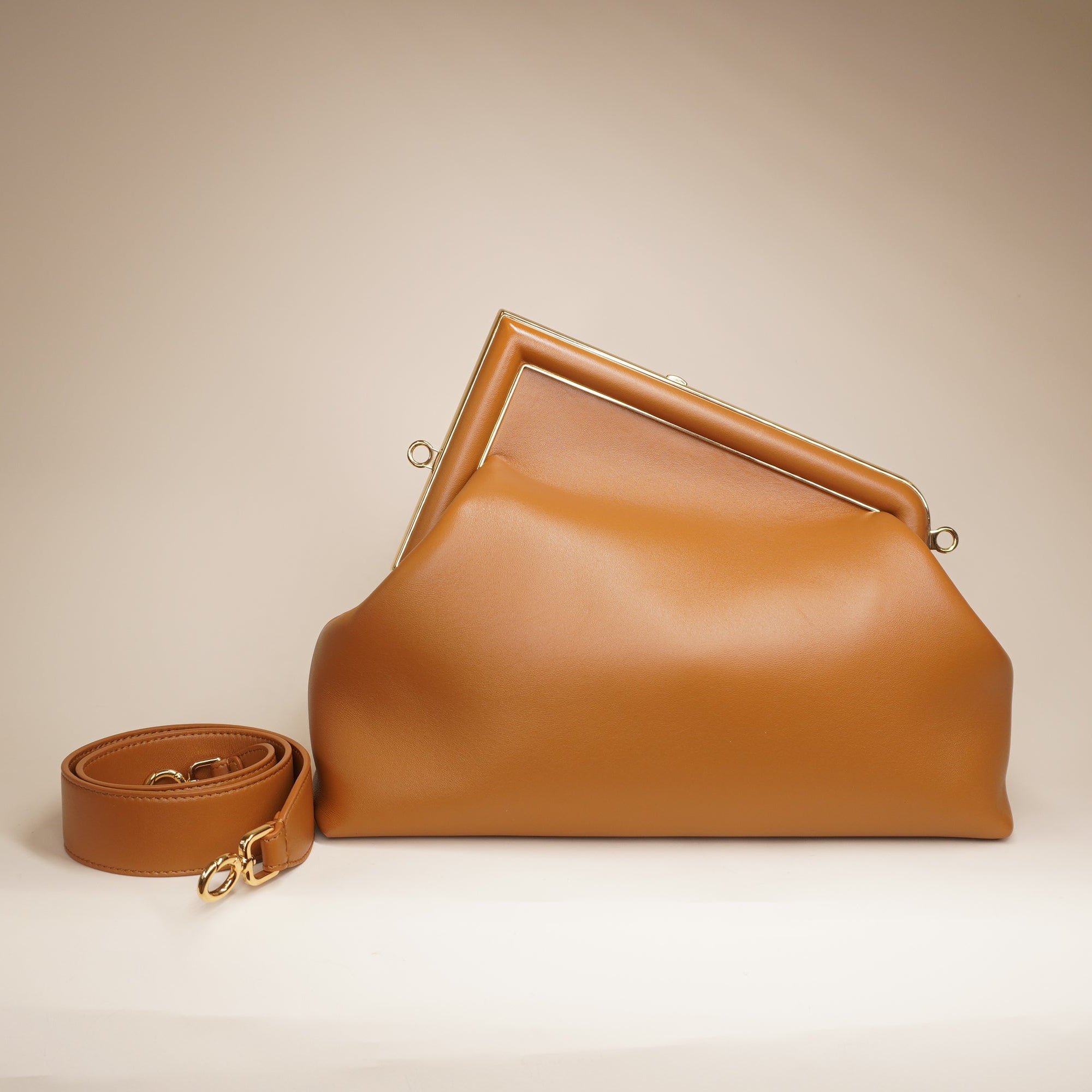 PRE-OWNED FF Shiny Nappa Large First Caramello Shoulder Bag