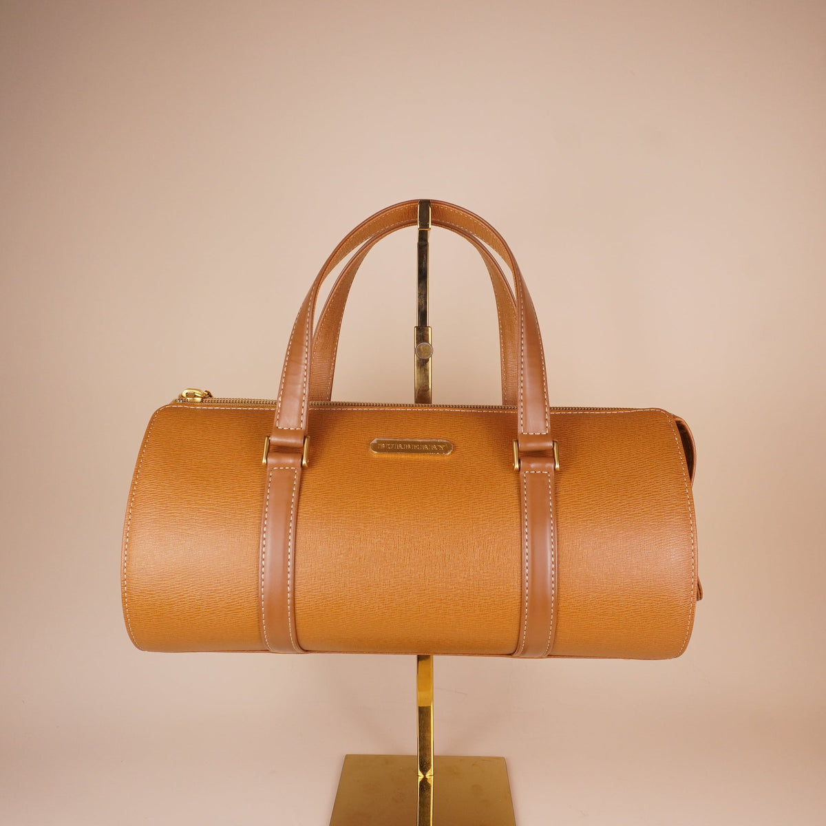 PRE-OWNED Vintage Tan Brown Leather Barrel Boston Bag