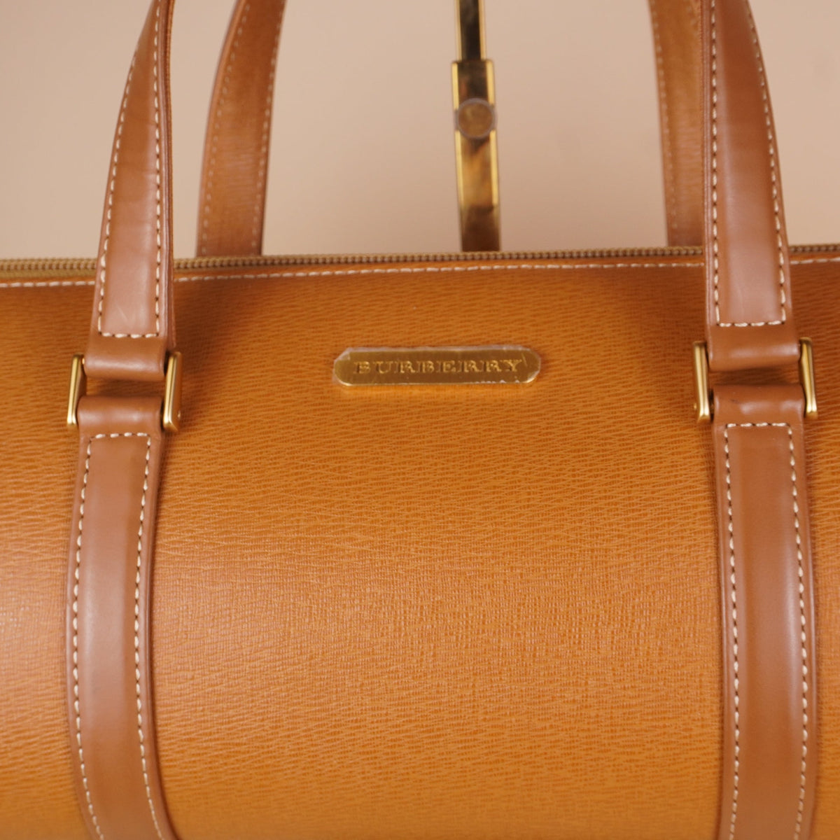 PRE-OWNED Vintage Tan Brown Leather Barrel Boston Bag