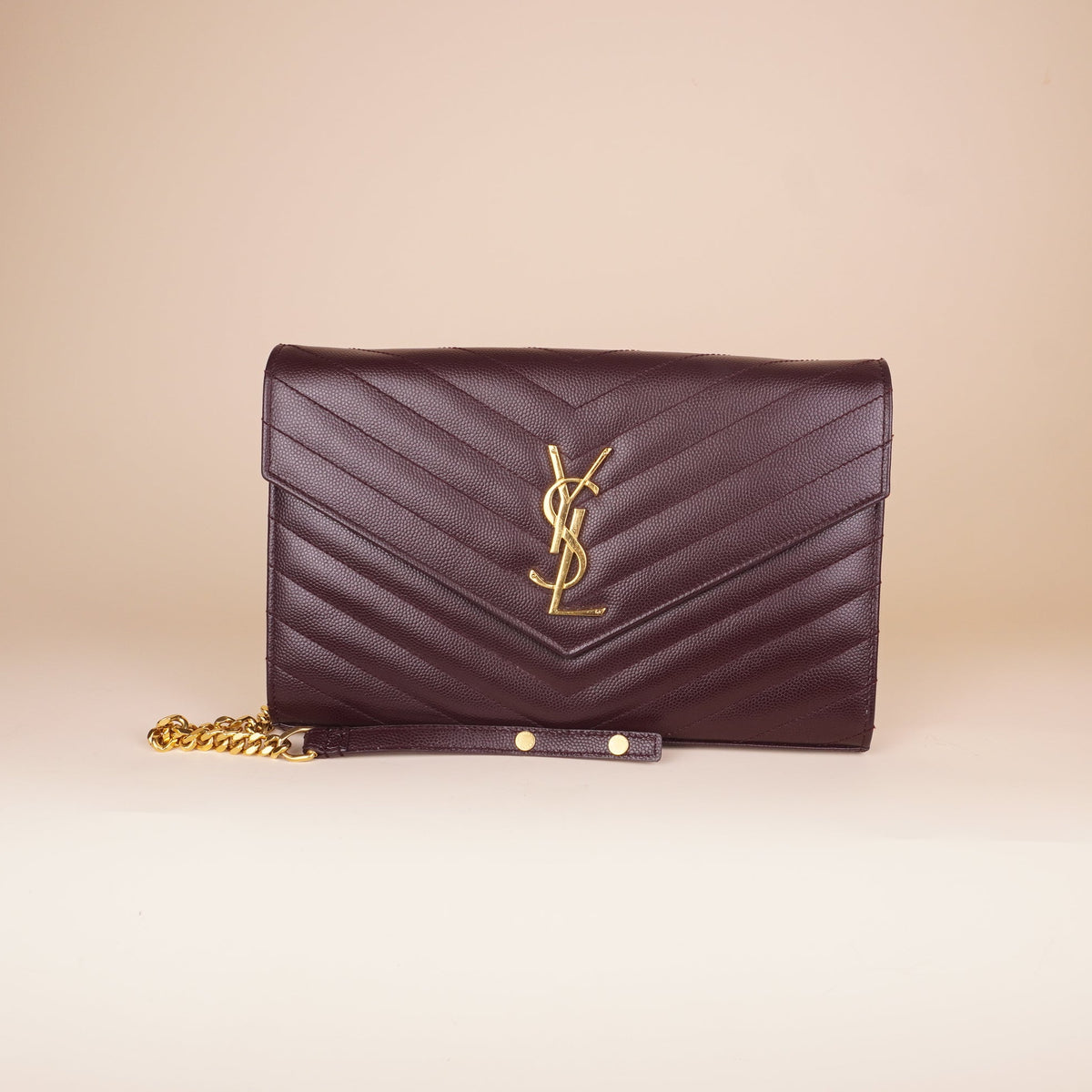 PRE-OWNED Burgundy Chevron Cassandre Envelope Chain Wallet