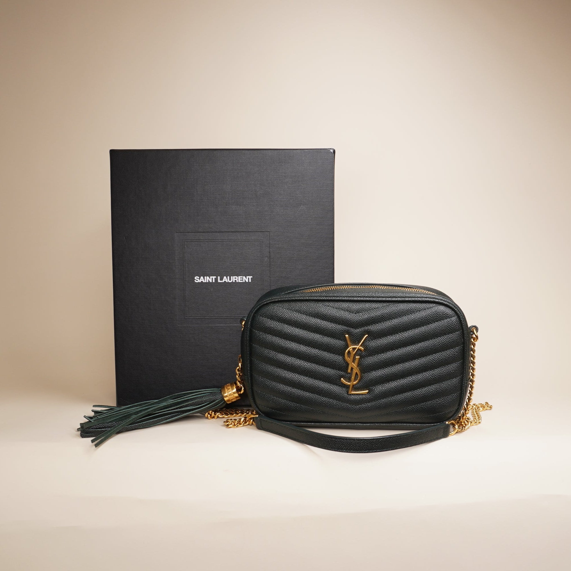 PRE-OWNED YSL Grain De Poudre Matelasse Monogram Mini Lou Camera Bag Green