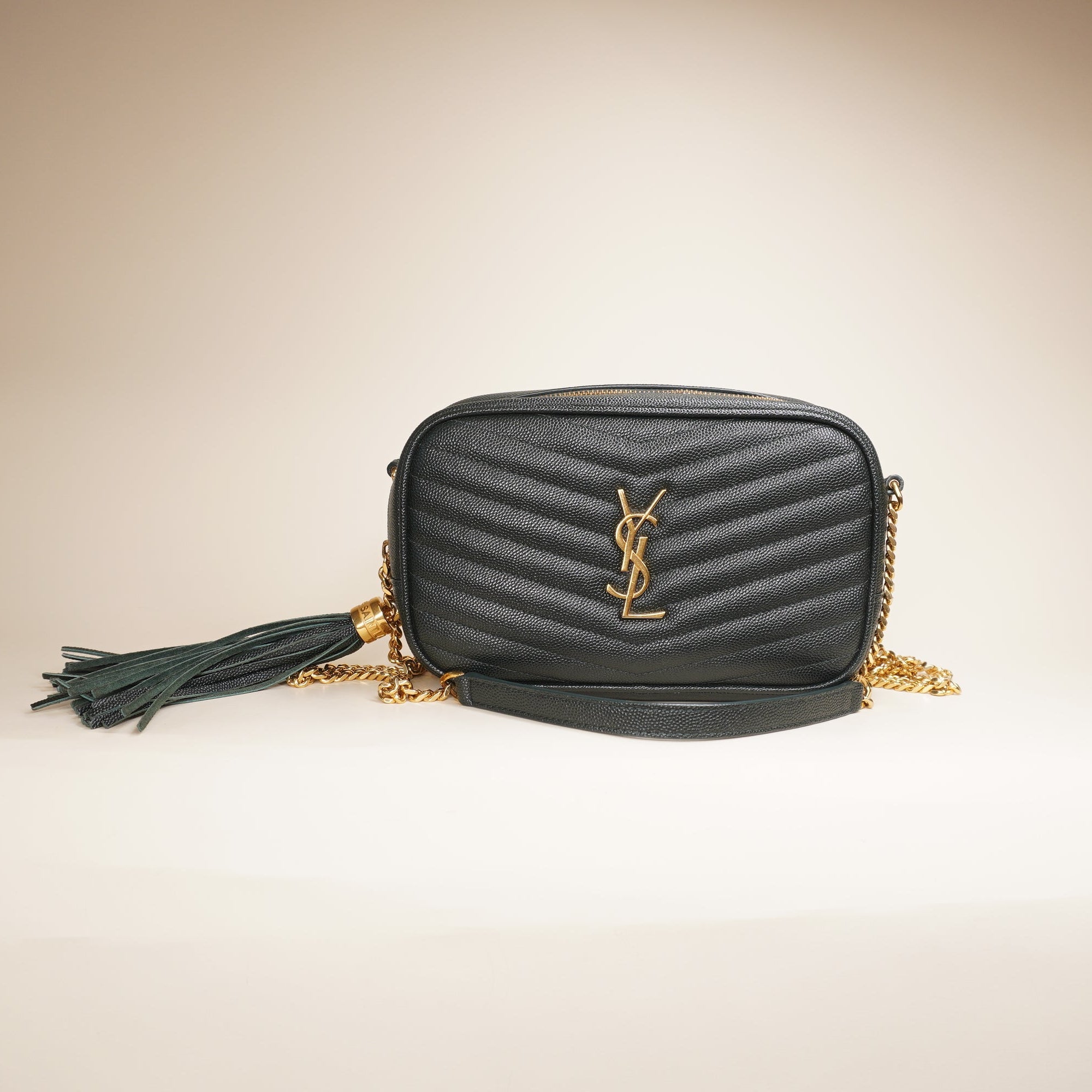 PRE-OWNED YSL Grain De Poudre Matelasse Monogram Mini Lou Camera Bag Green