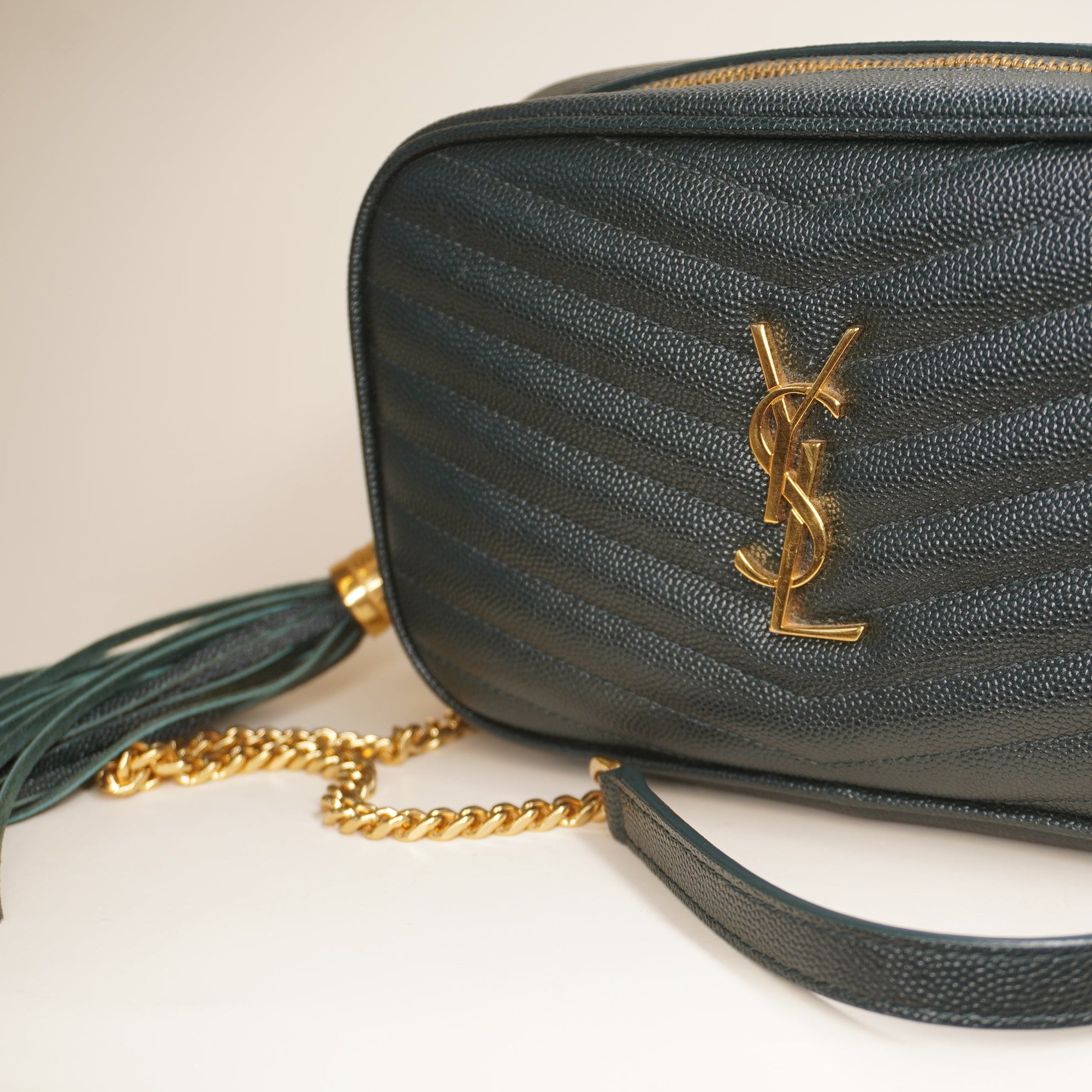 PRE-OWNED YSL Grain De Poudre Matelasse Monogram Mini Lou Camera Bag Green