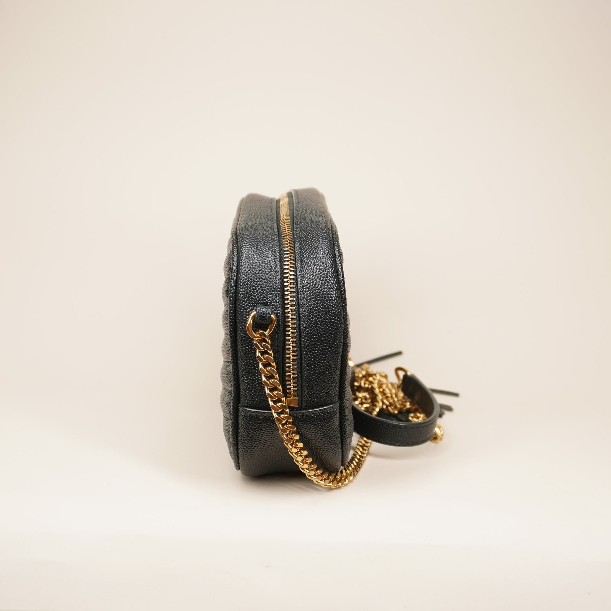 PRE-OWNED YSL Grain De Poudre Matelasse Monogram Mini Lou Camera Bag Green