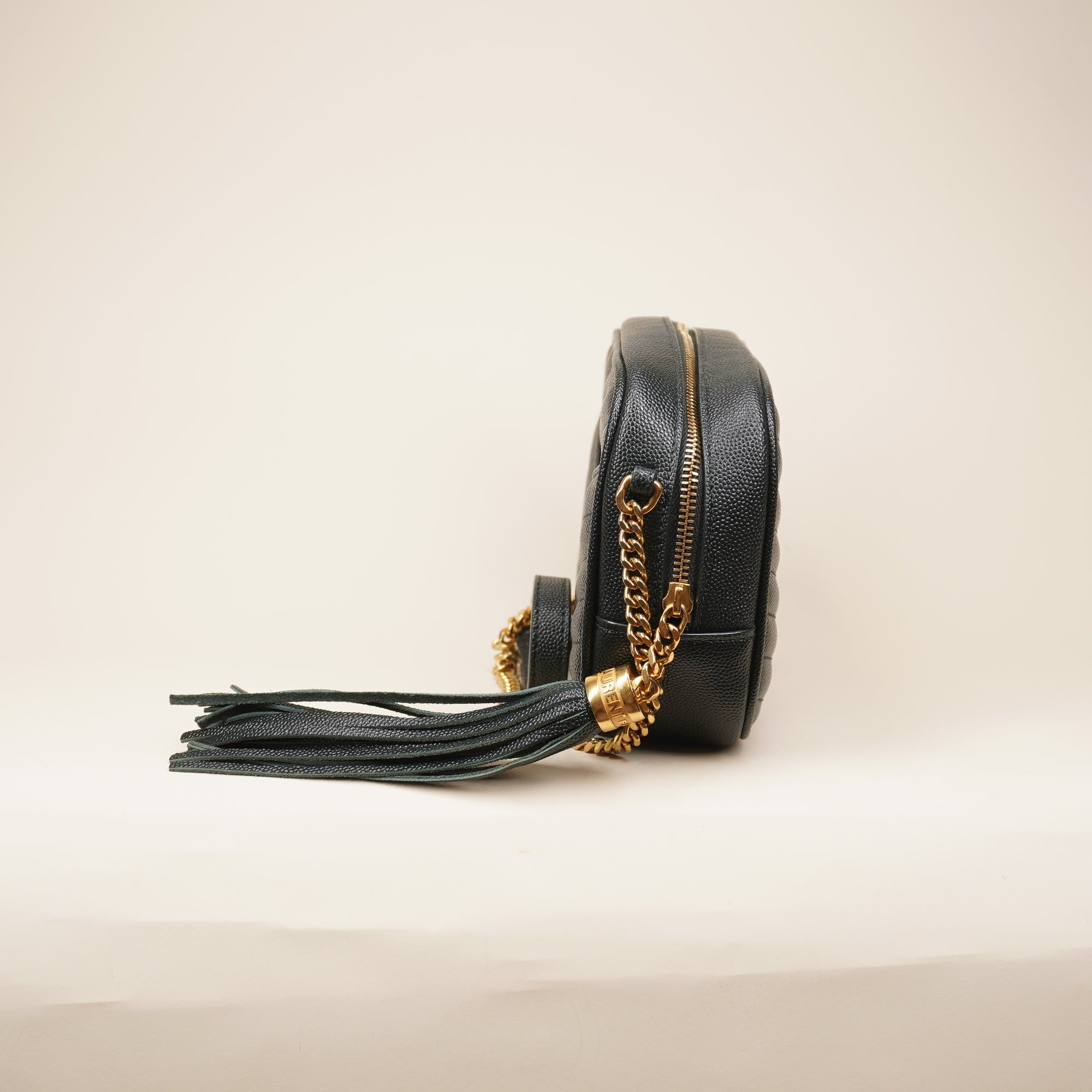 PRE-OWNED YSL Grain De Poudre Matelasse Monogram Mini Lou Camera Bag Green