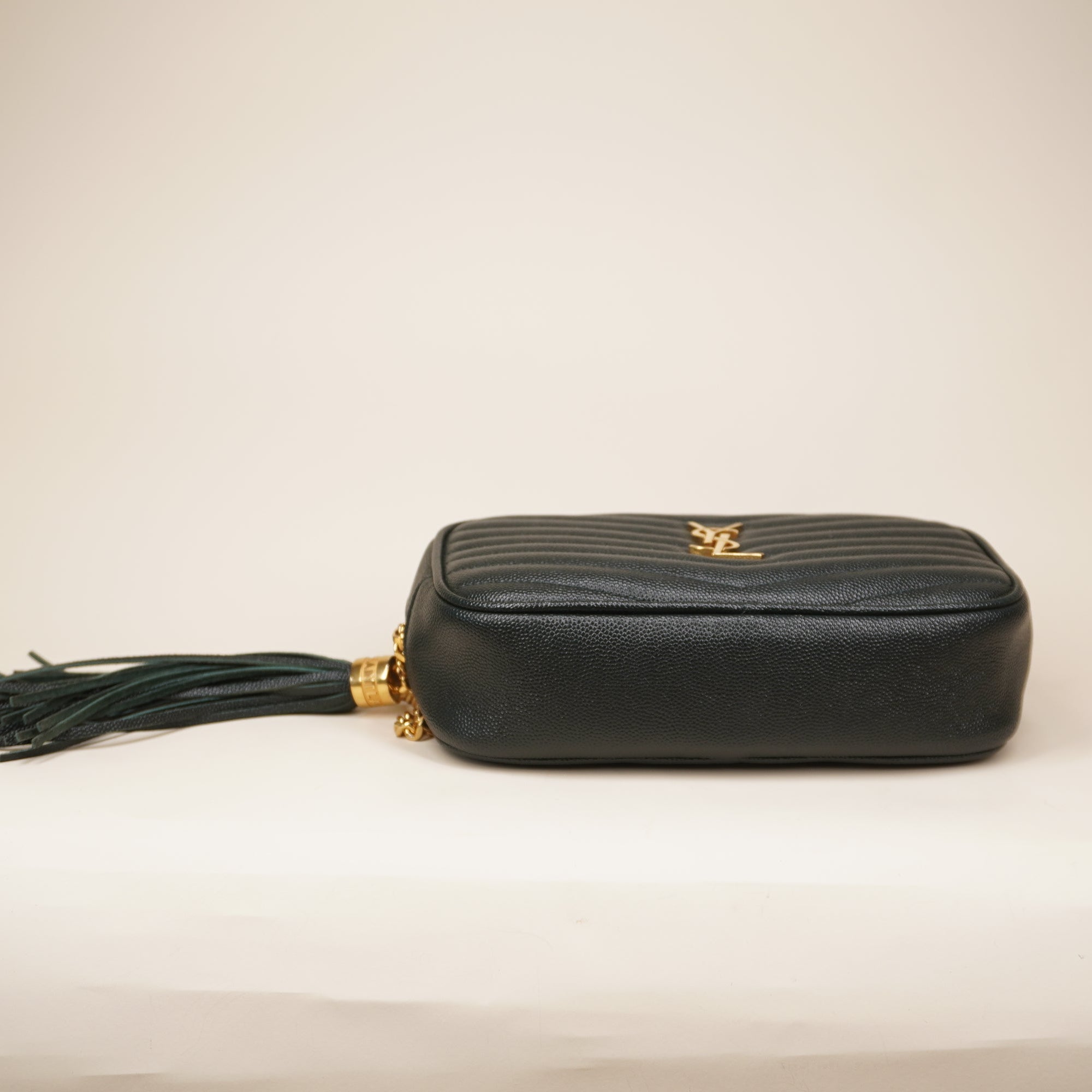 PRE-OWNED YSL Grain De Poudre Matelasse Monogram Mini Lou Camera Bag Green