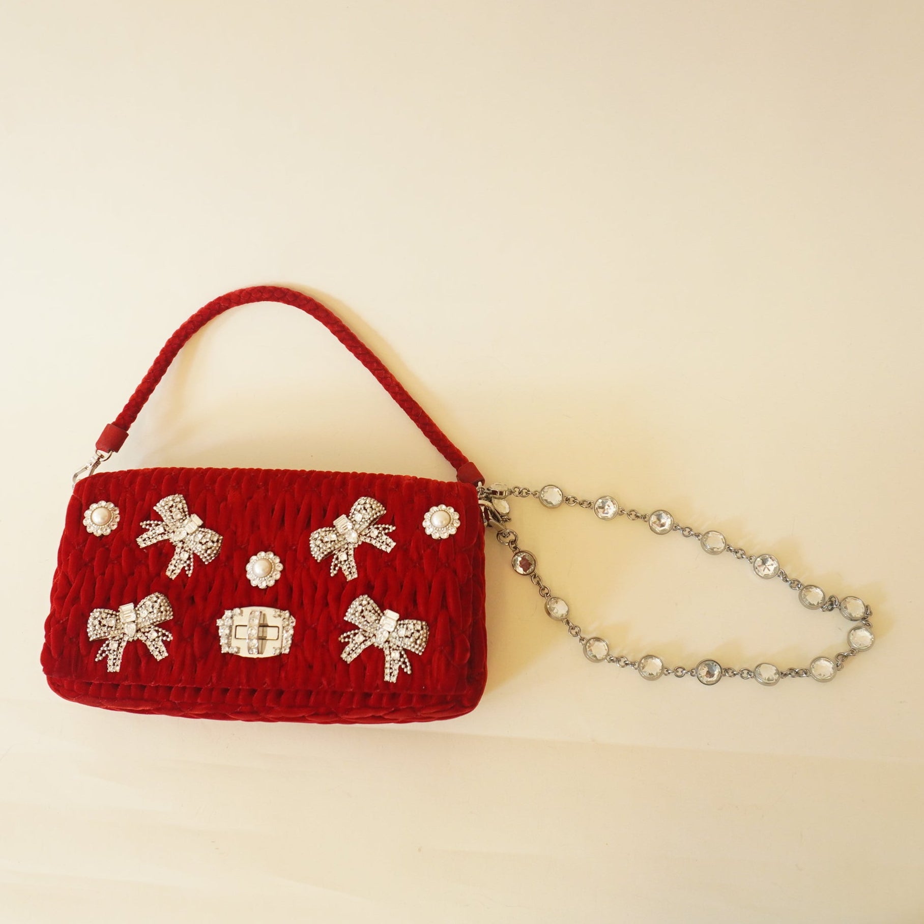 PRE-OWNED Iconic Crystal Red Velvet Shoulder Bag