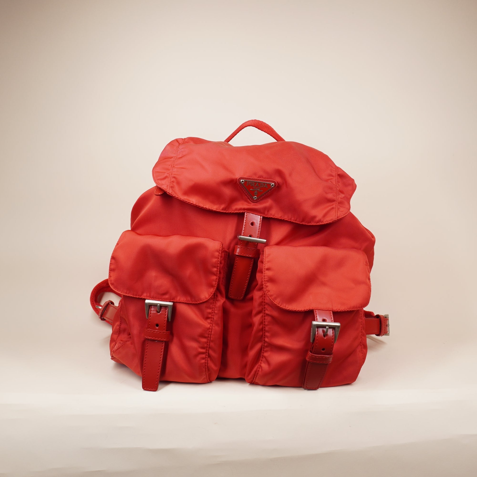 PRE-OWED Red Nylon Small Pocket Drawstring Backpack