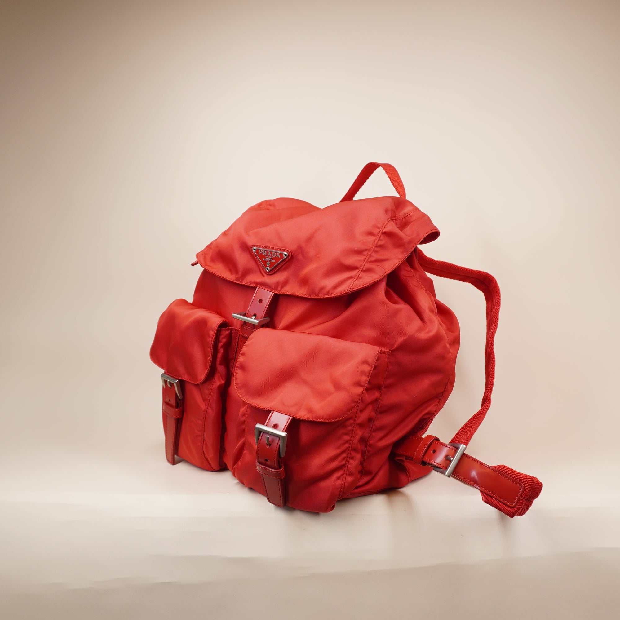 PRE-OWED Red Nylon Small Pocket Drawstring Backpack