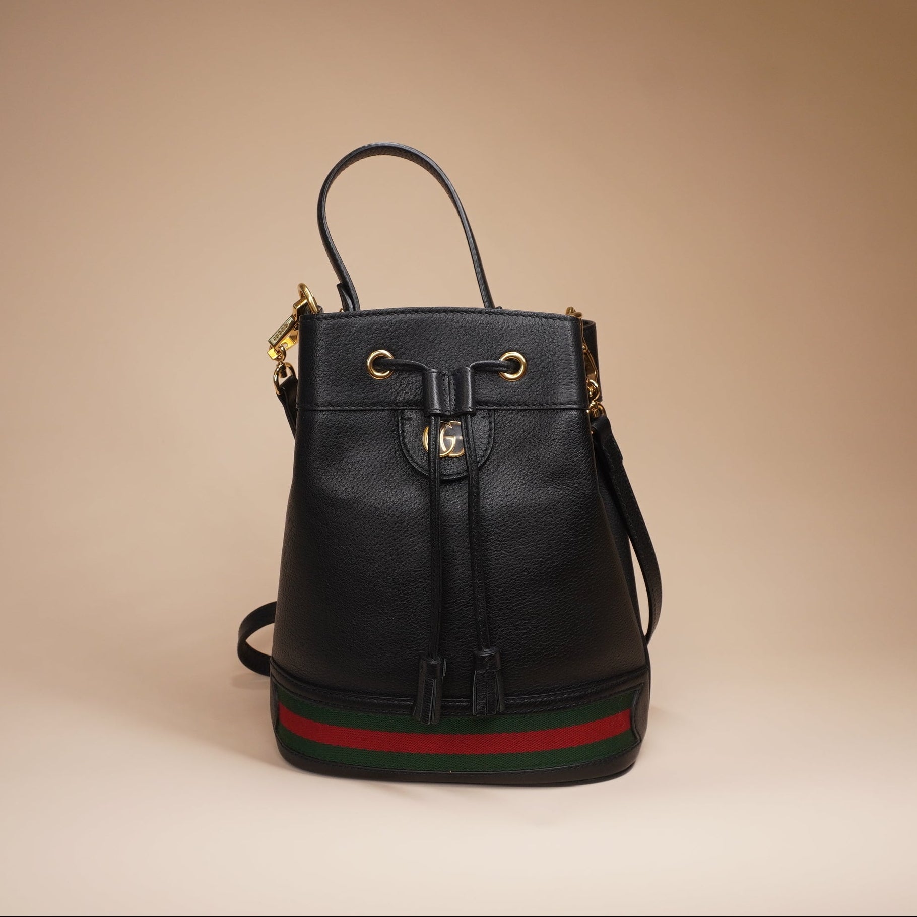PRE-OWNED GG Black Web Ophidia Small Bucket Bag