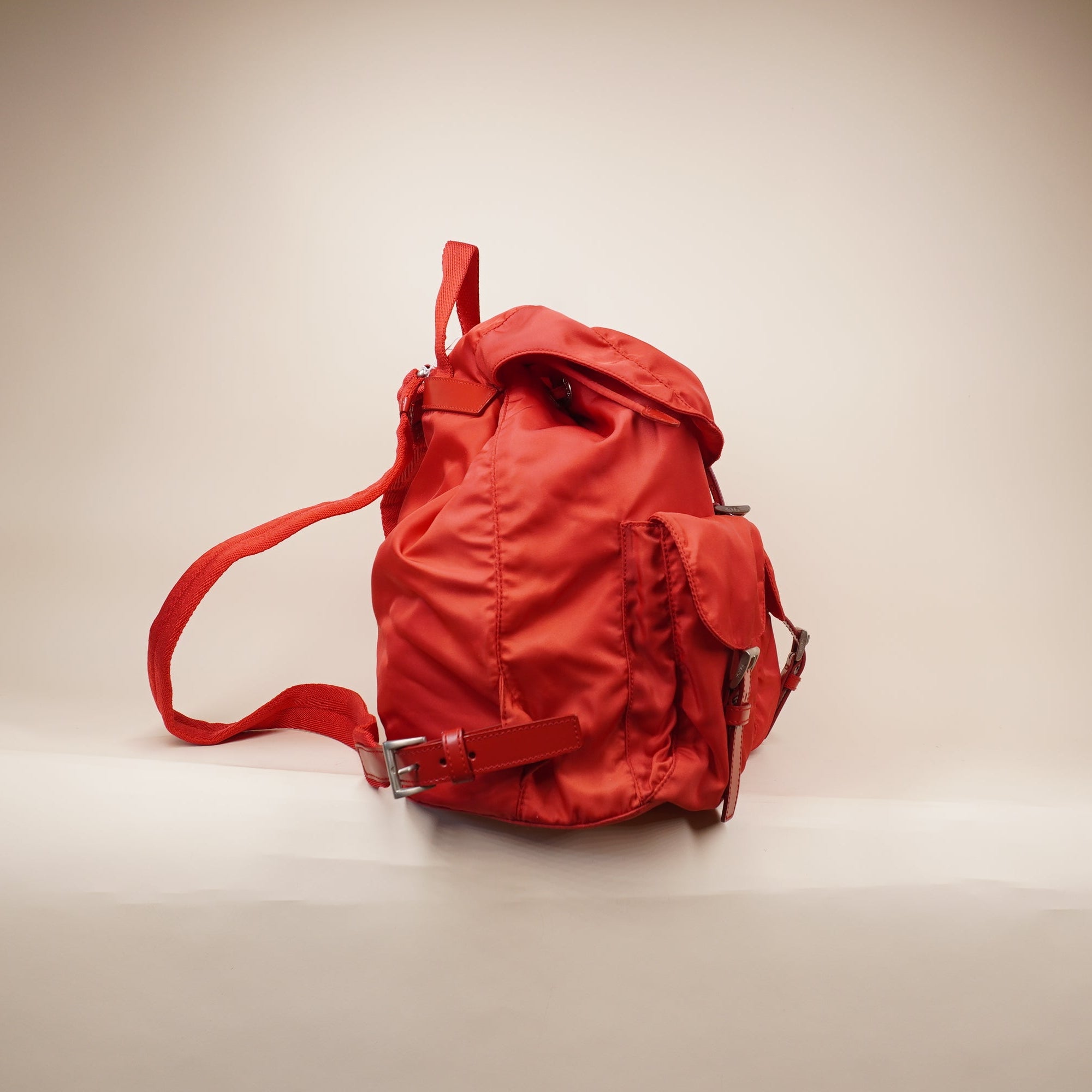 PRE-OWED Red Nylon Small Pocket Drawstring Backpack