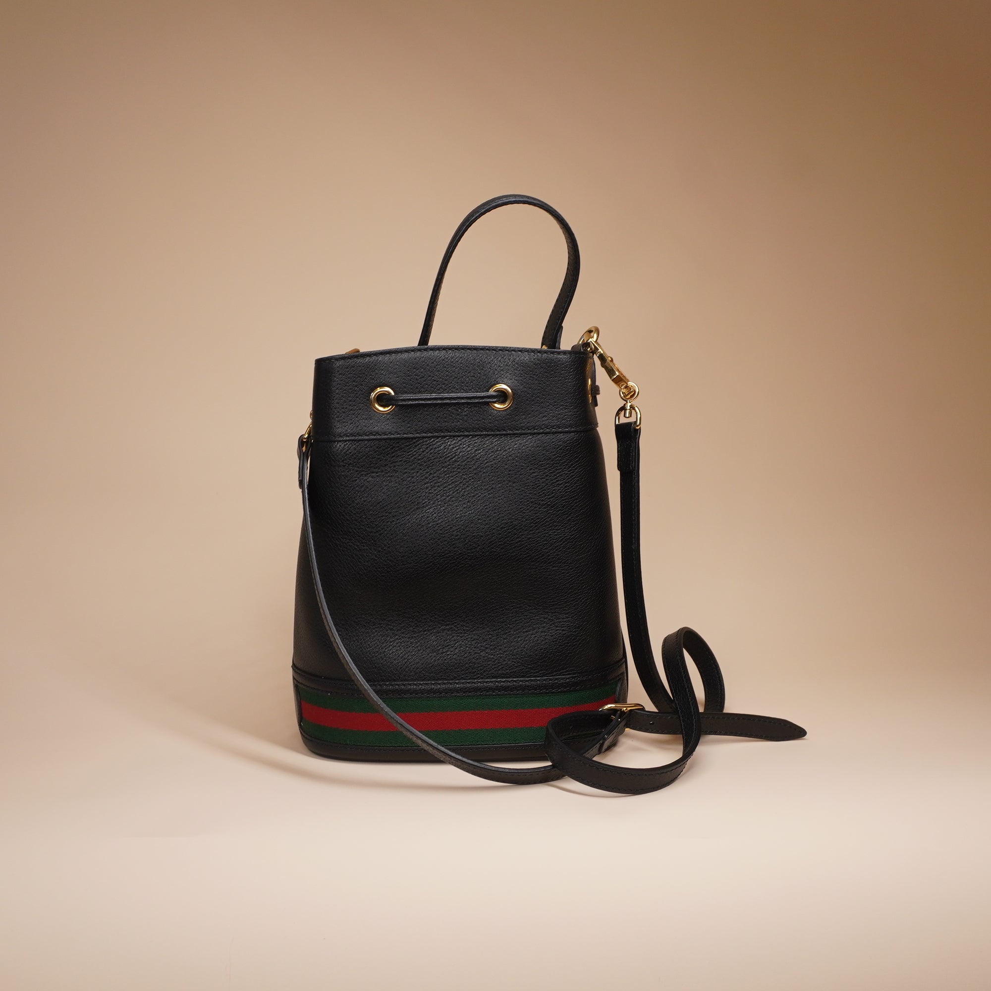 PRE-OWNED GG Black Web Ophidia Small Bucket Bag