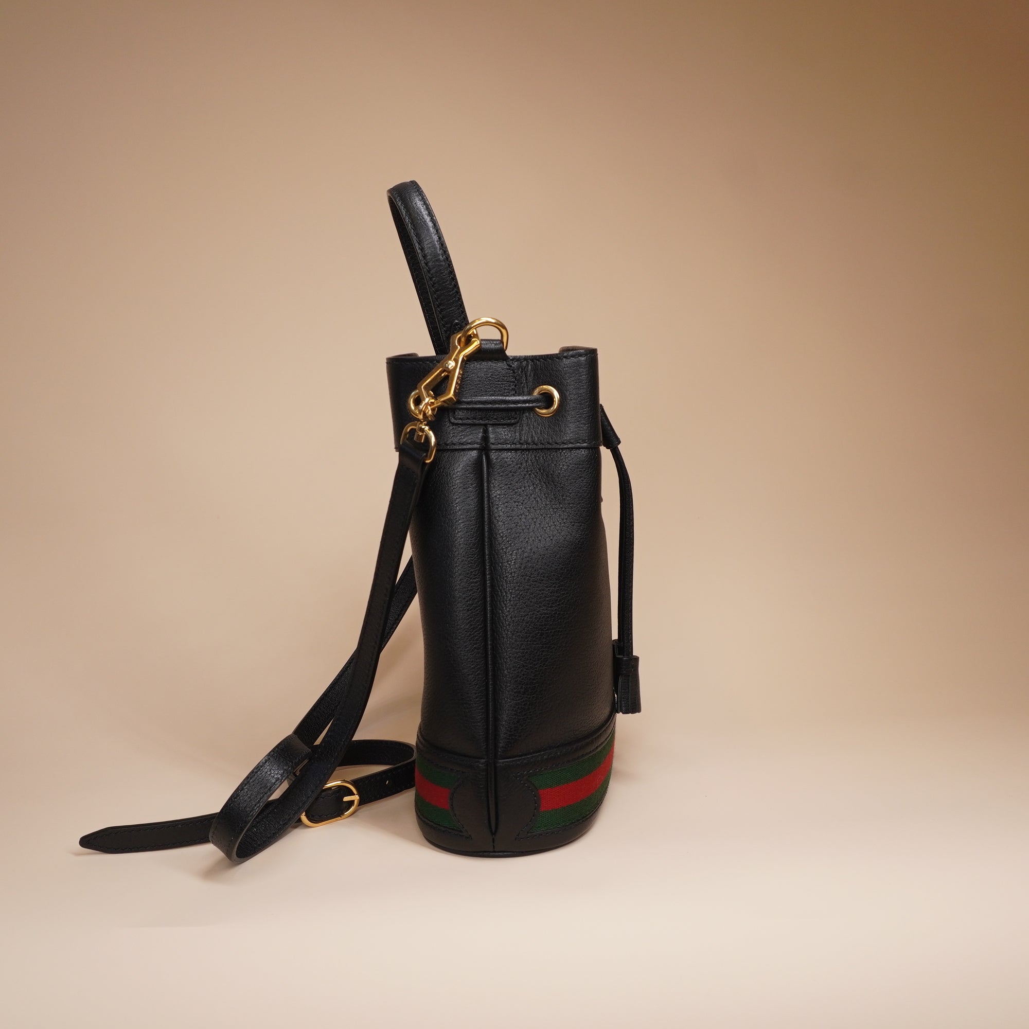 PRE-OWNED GG Black Web Ophidia Small Bucket Bag