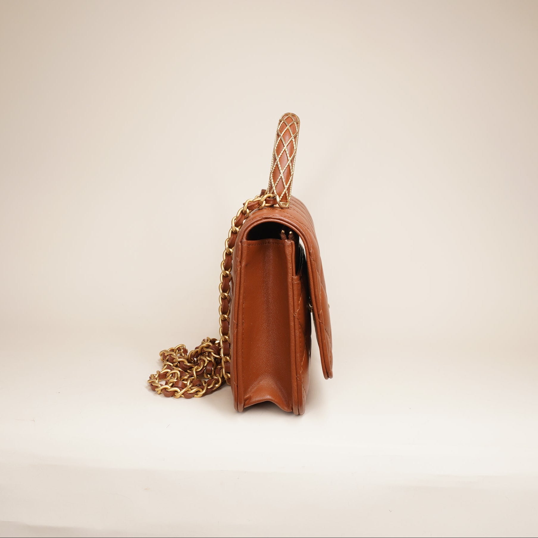 PRE-OWNED CC Handle Lambskin Leather Brown WOC