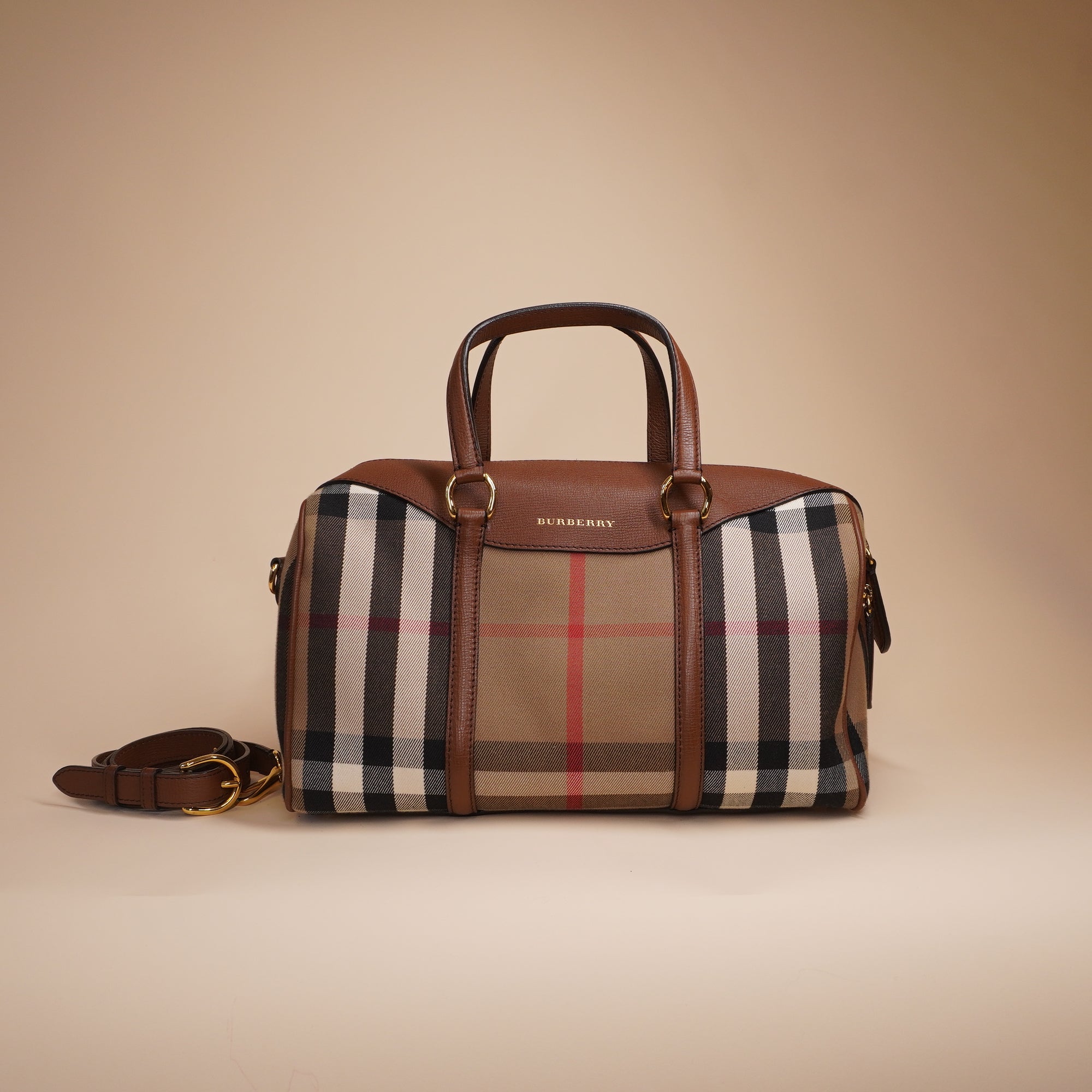 PRE-OWNED Brown Canvas & Leather House Check Derby Bag