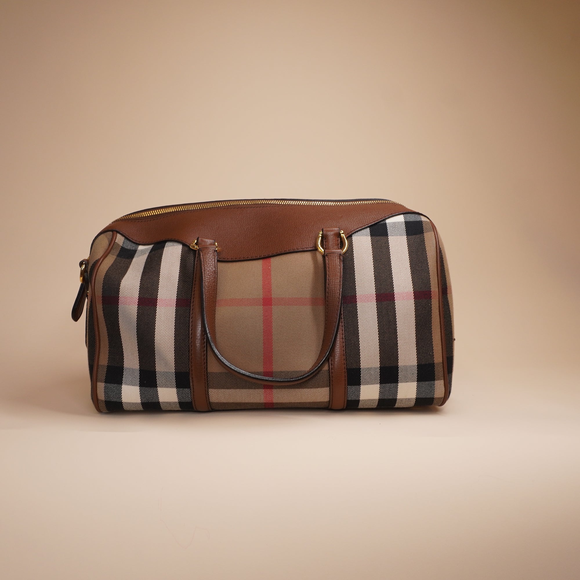 PRE-OWNED Brown Canvas & Leather House Check Derby Bag