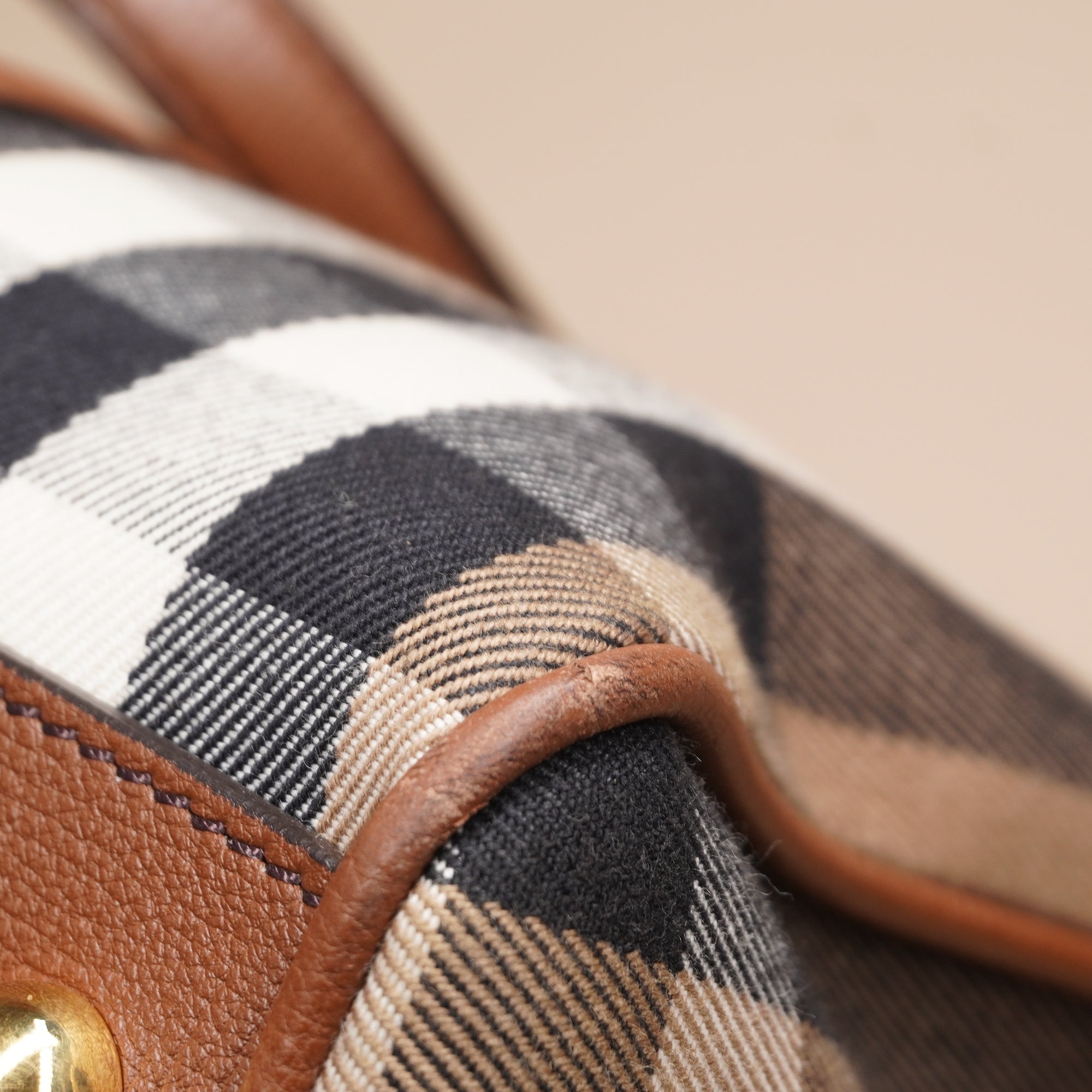 PRE-OWNED Brown Canvas & Leather House Check Derby Bag