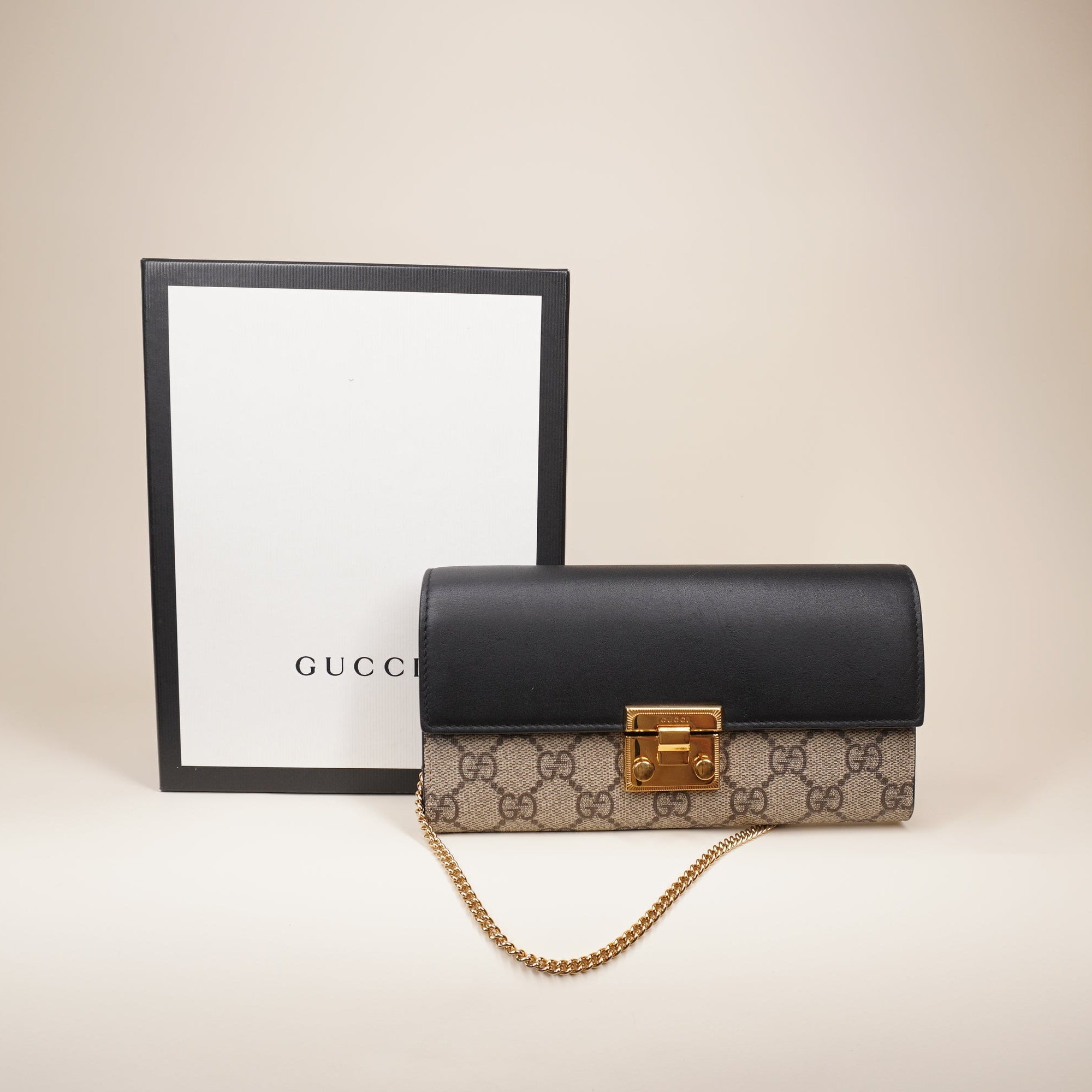 PRE-OWNED GG Supreme Monogram Moon Calfskin Padlock Continental Chain Wallet