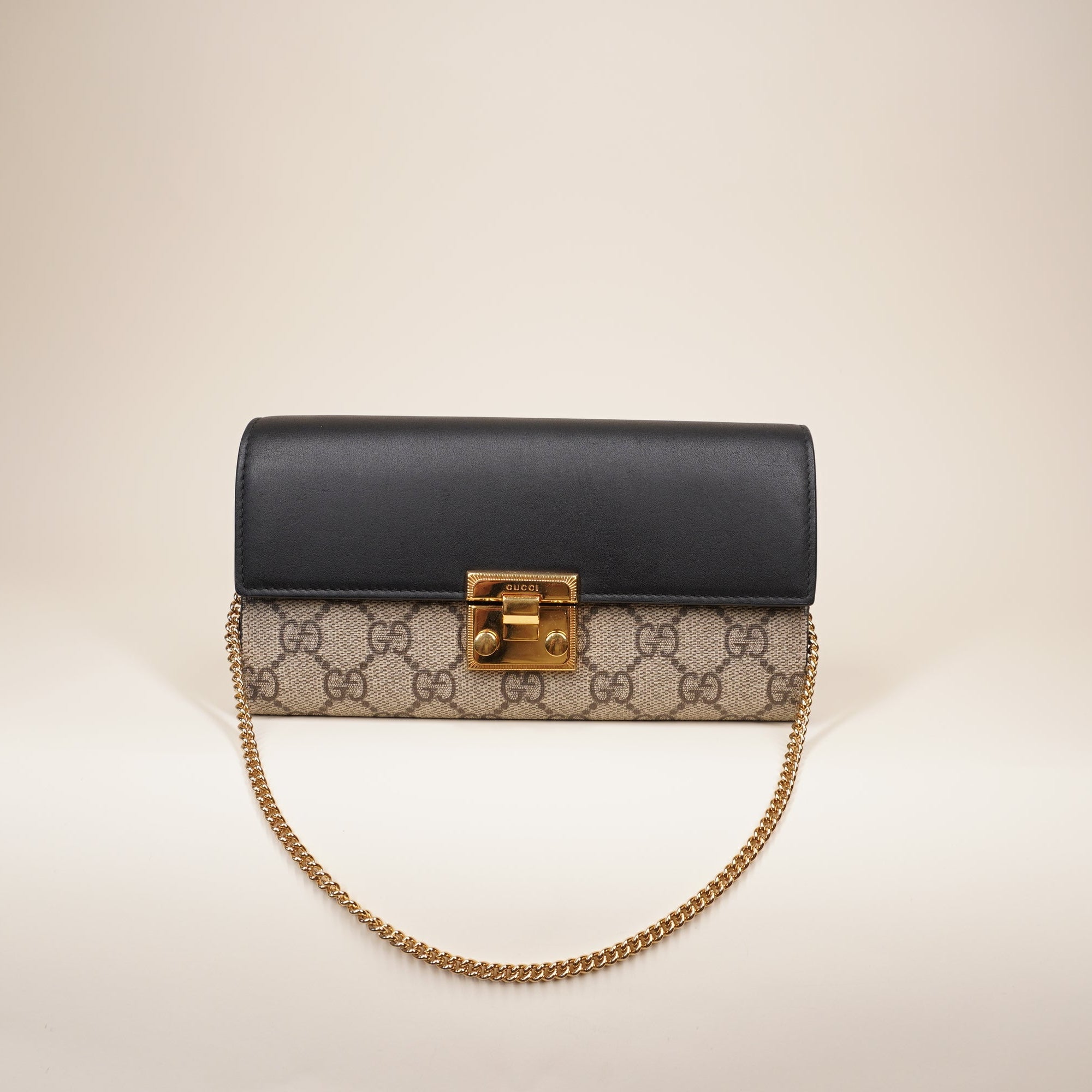 PRE-OWNED GG Supreme Monogram Moon Calfskin Padlock Continental Chain Wallet