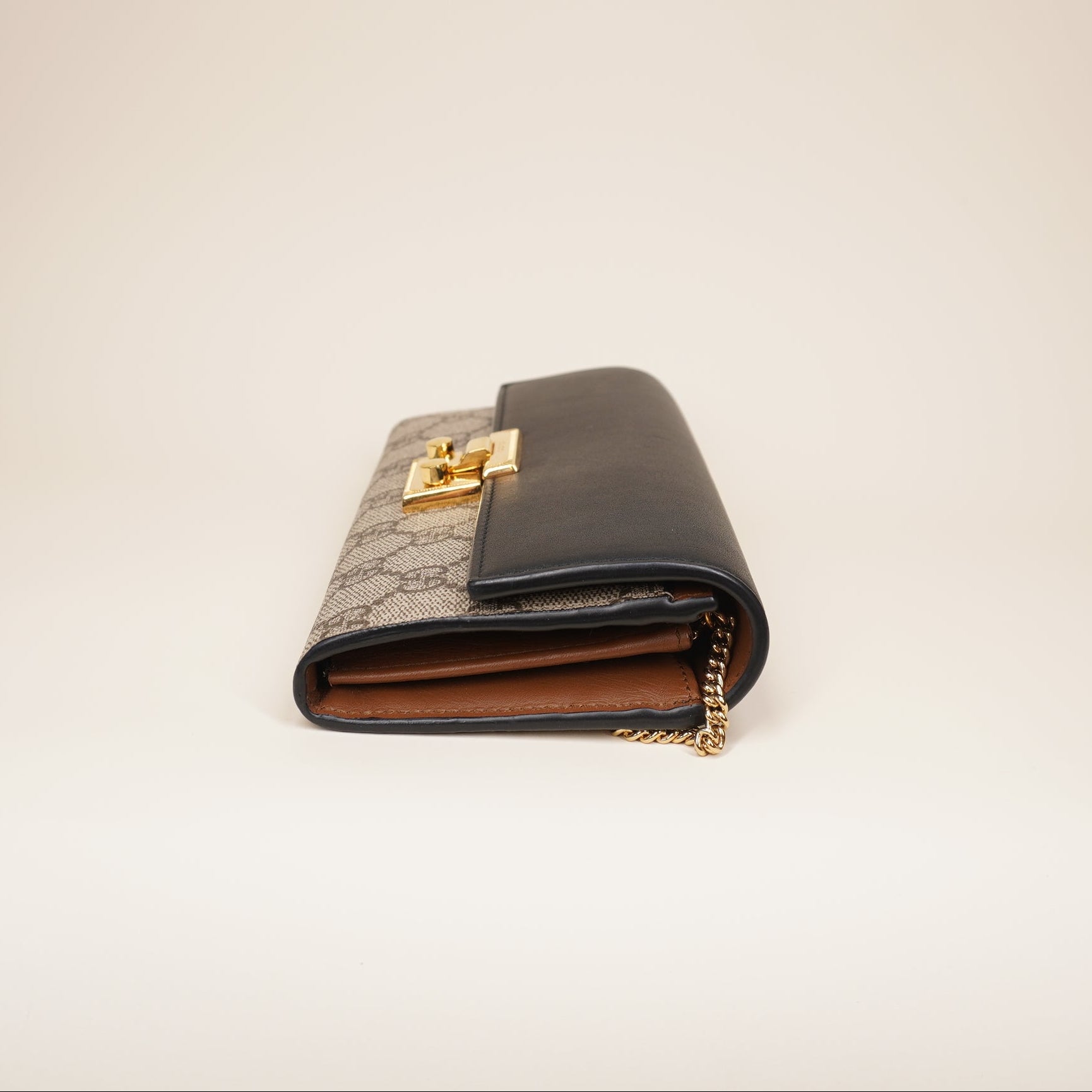 PRE-OWNED GG Supreme Monogram Moon Calfskin Padlock Continental Chain Wallet