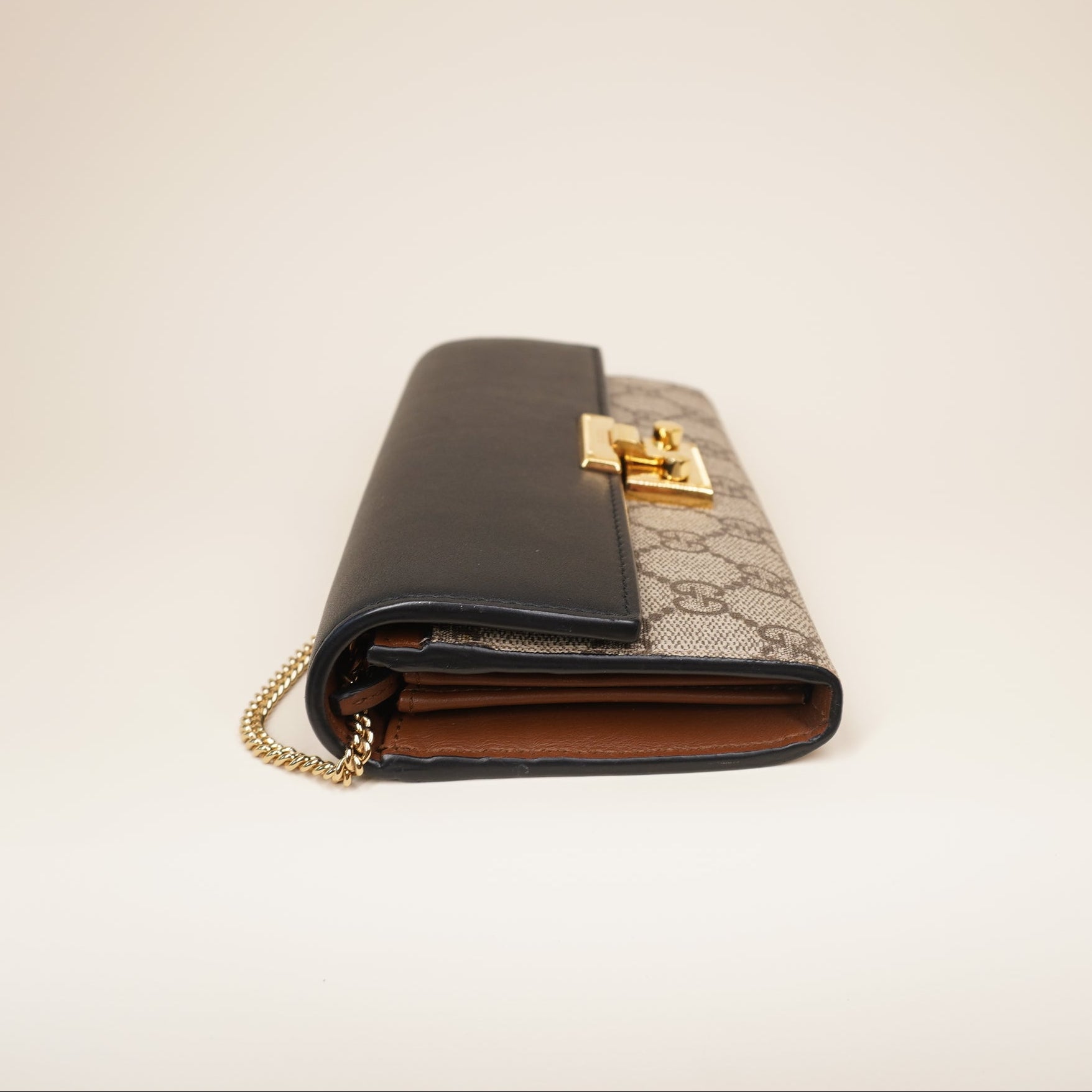 PRE-OWNED GG Supreme Monogram Moon Calfskin Padlock Continental Chain Wallet
