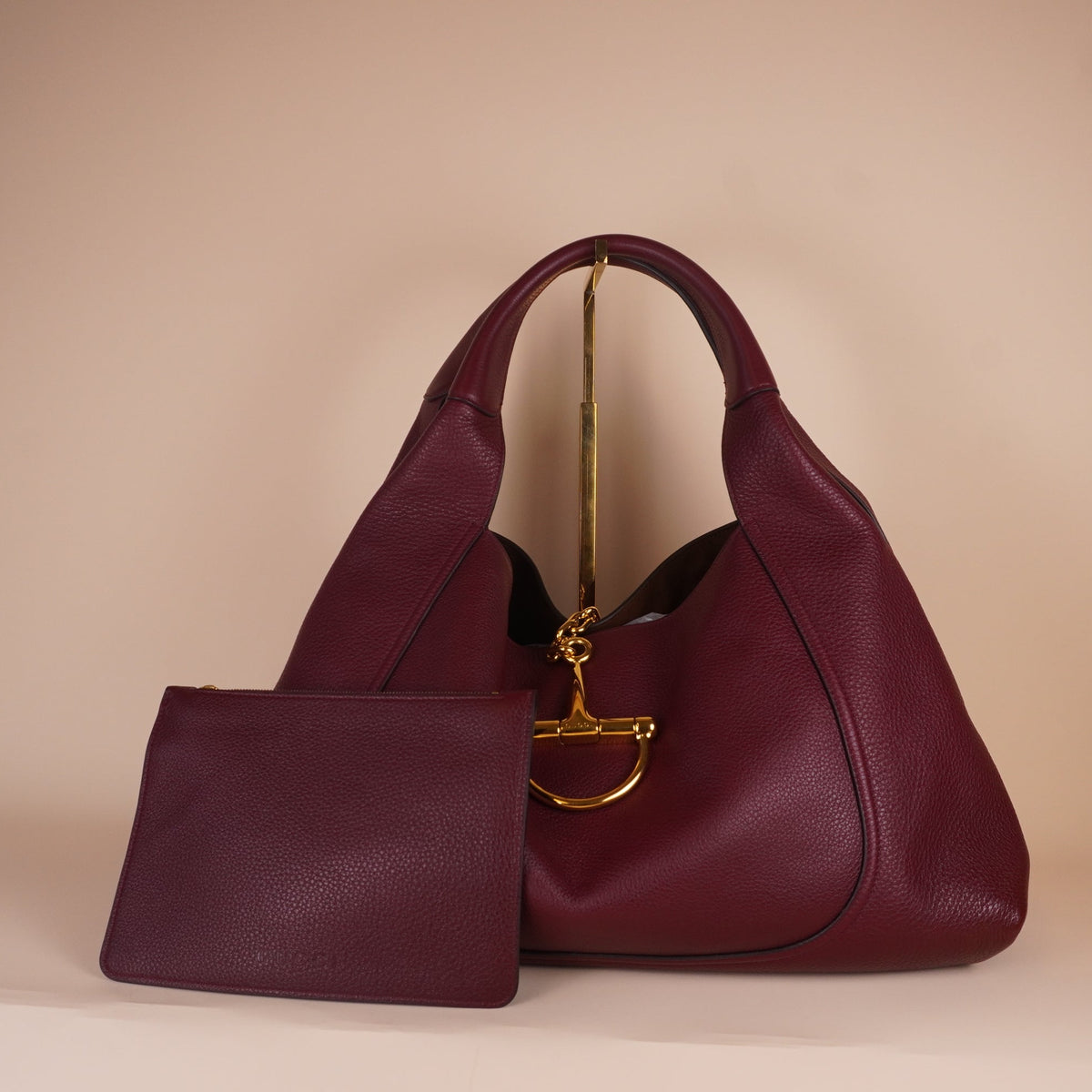 PRE-OWNED GG Grained Calfskin Softbit Maxi Shoulder Bag Rosso Ancora Red