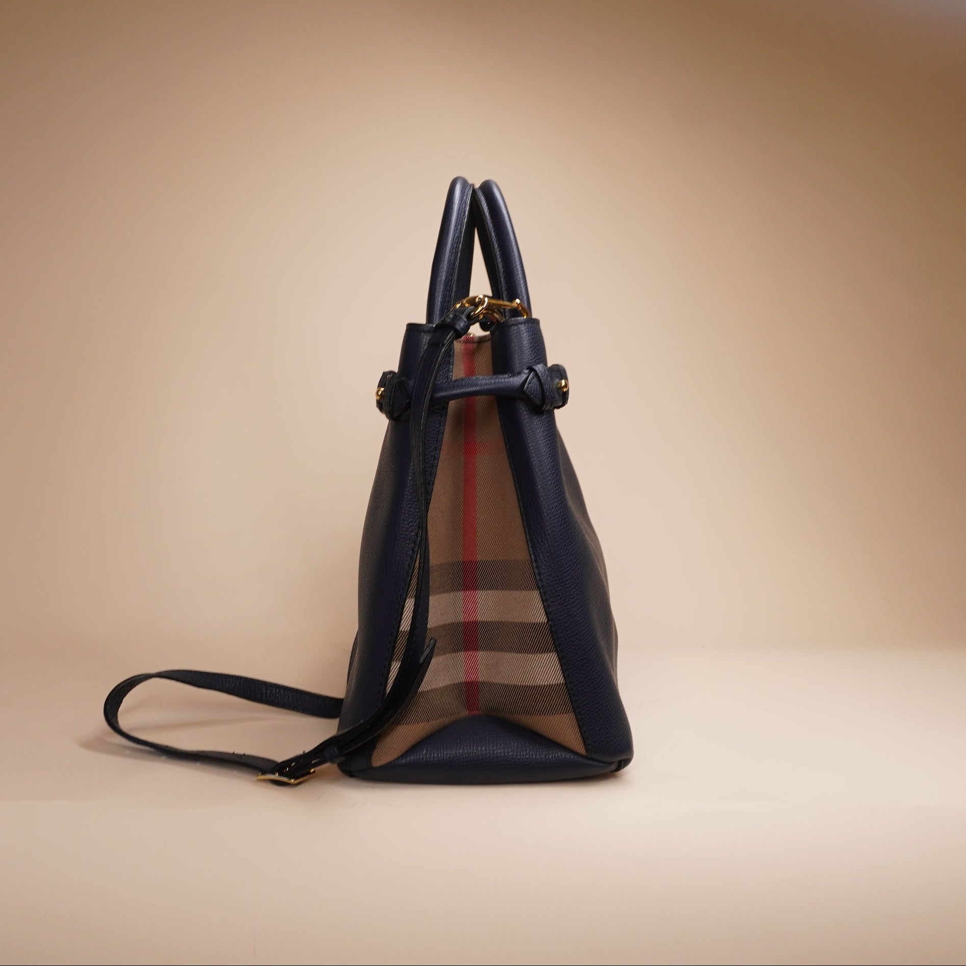 PRE-OWNED Navy Banner Tote Leather and House Check Canvas Medium 