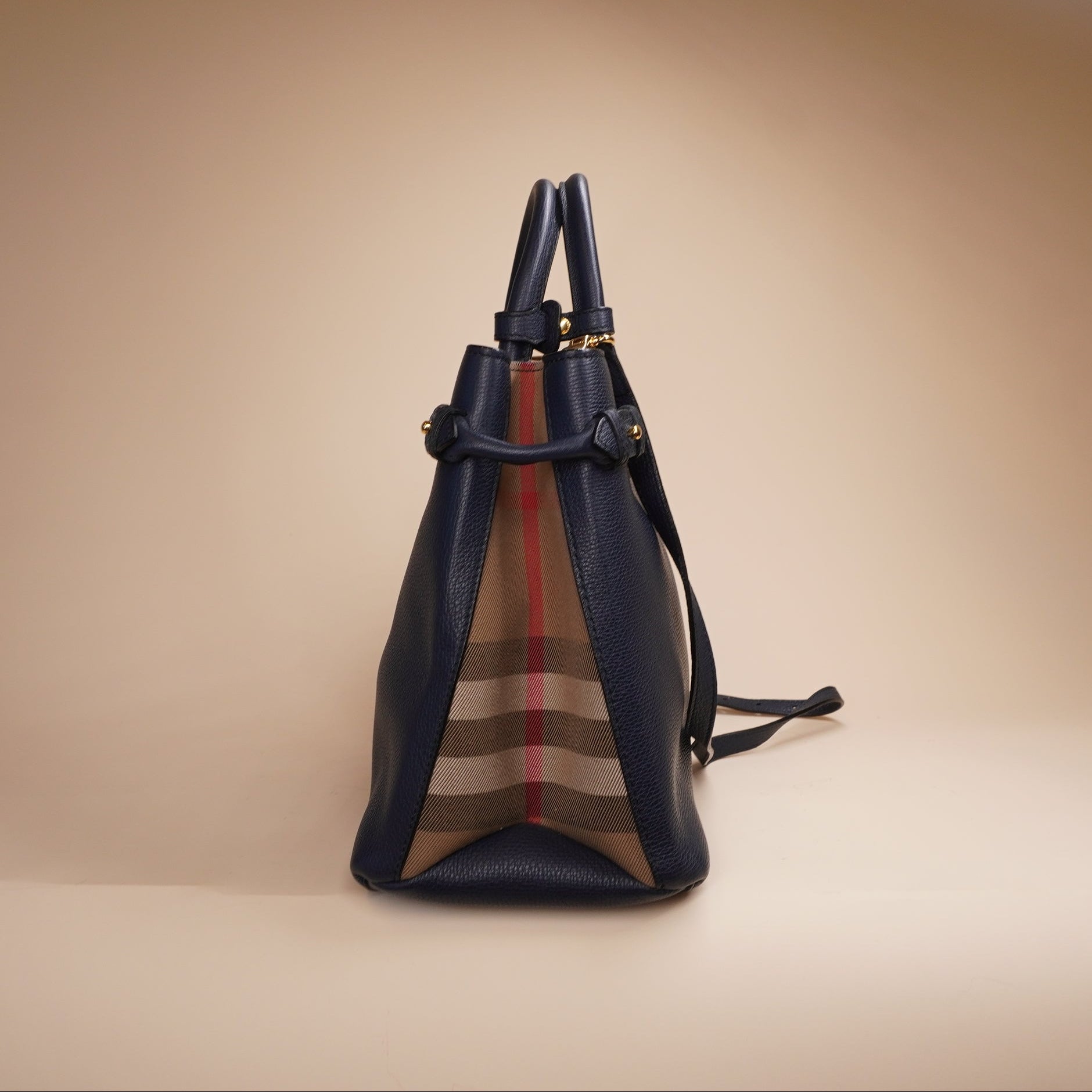 PRE-OWNED Navy Banner Tote Leather and House Check Canvas Medium 